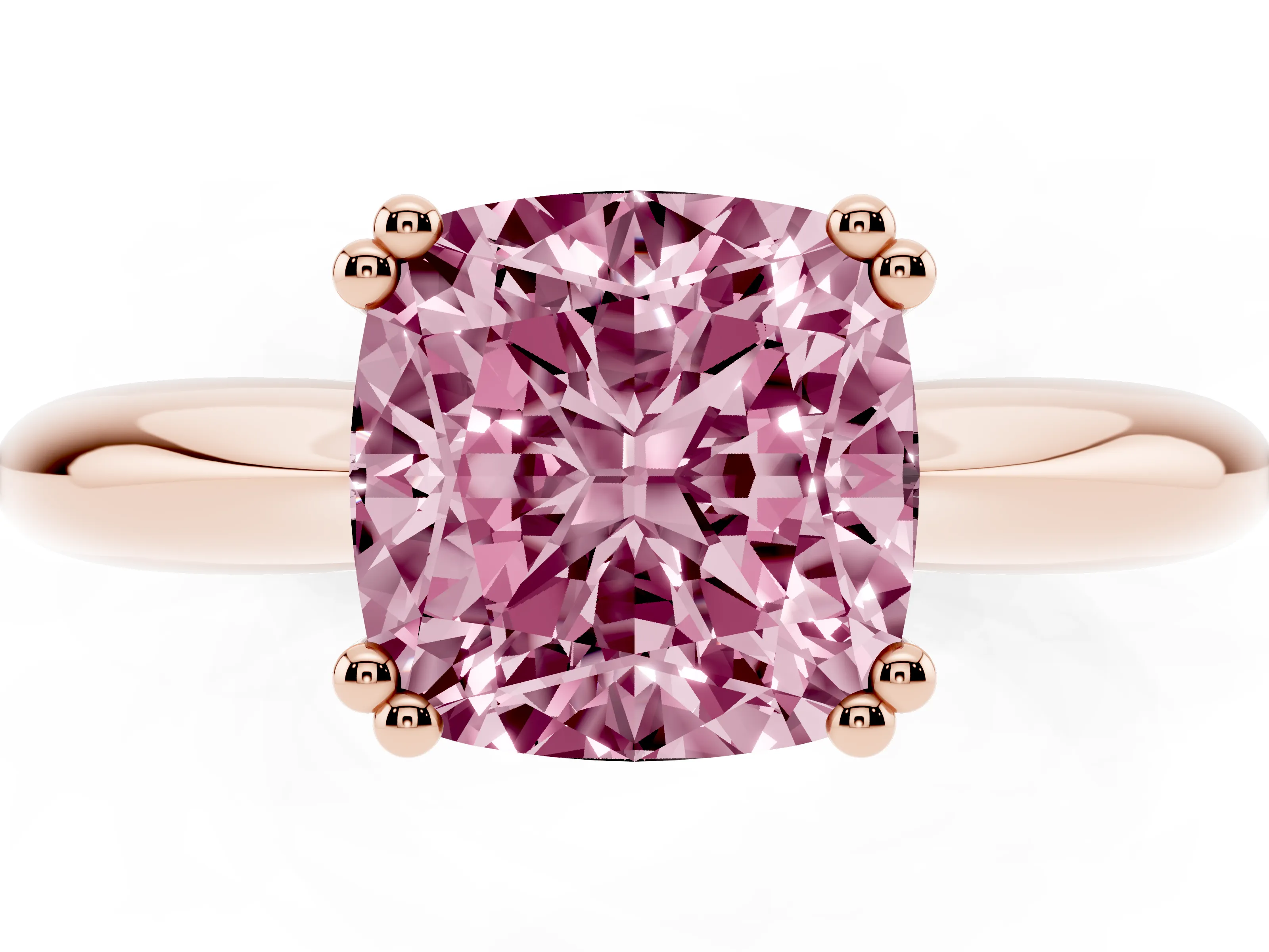 Fancy Pink Cushion Cut Diamond Solitaire Engagement Ring Set in Rose gold with Tapered Band and Prong Setting
