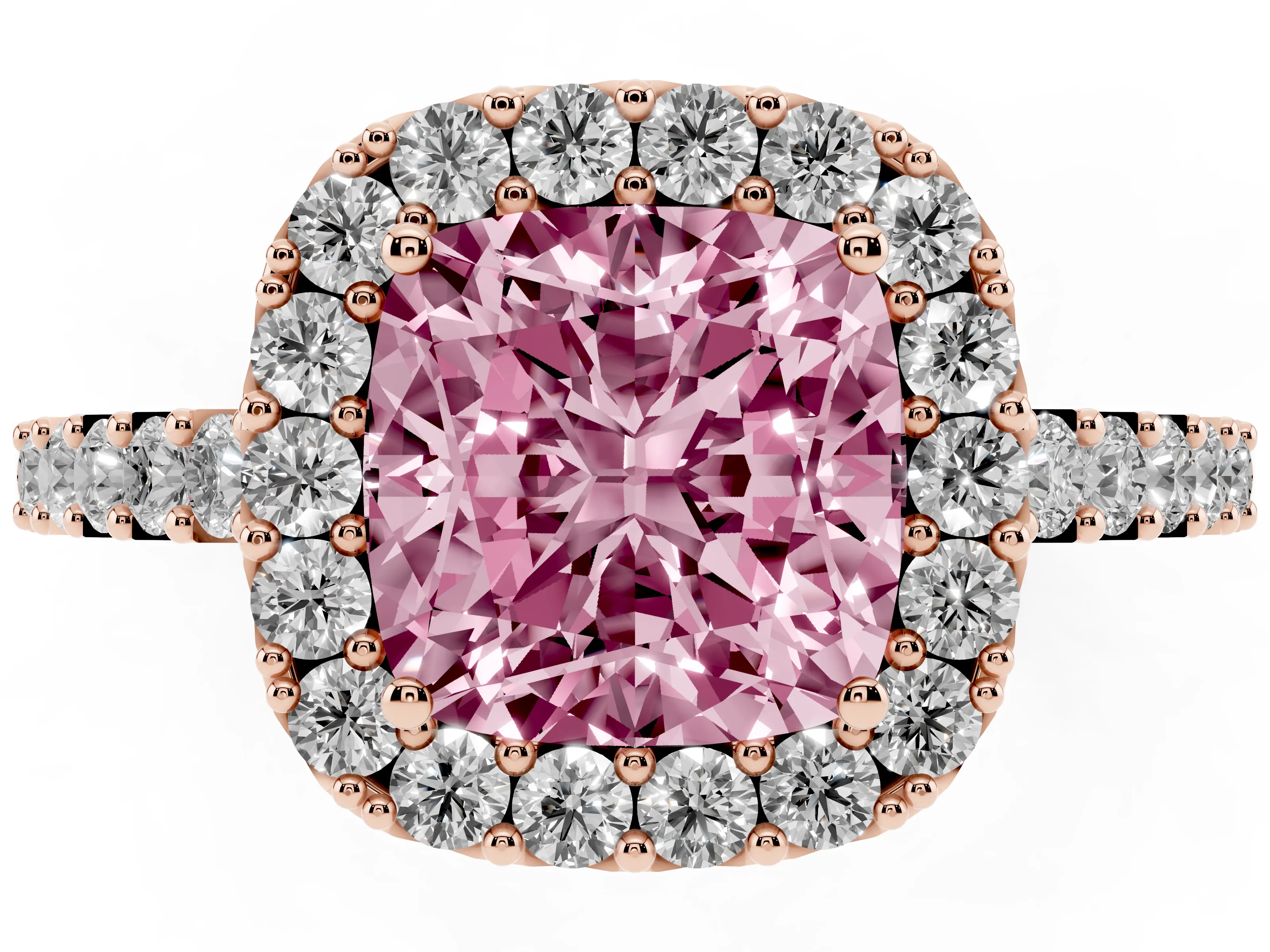 Fancy Pink Cushion Cut Diamond Halo Pavé Solitaire Ring Set in Rose gold with Prong-Set Center Stone