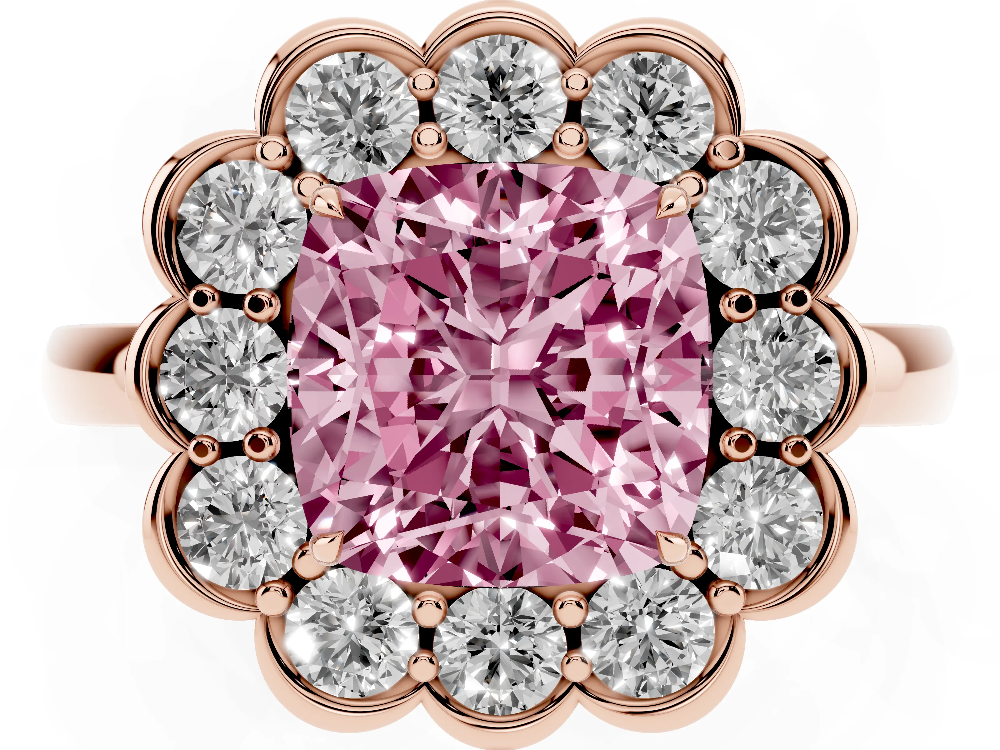 Fancy Pink Cushion Cut Diamond Halo Cluster Engagement Ring Set in Rose gold with Solitaire Band and Prong Setting