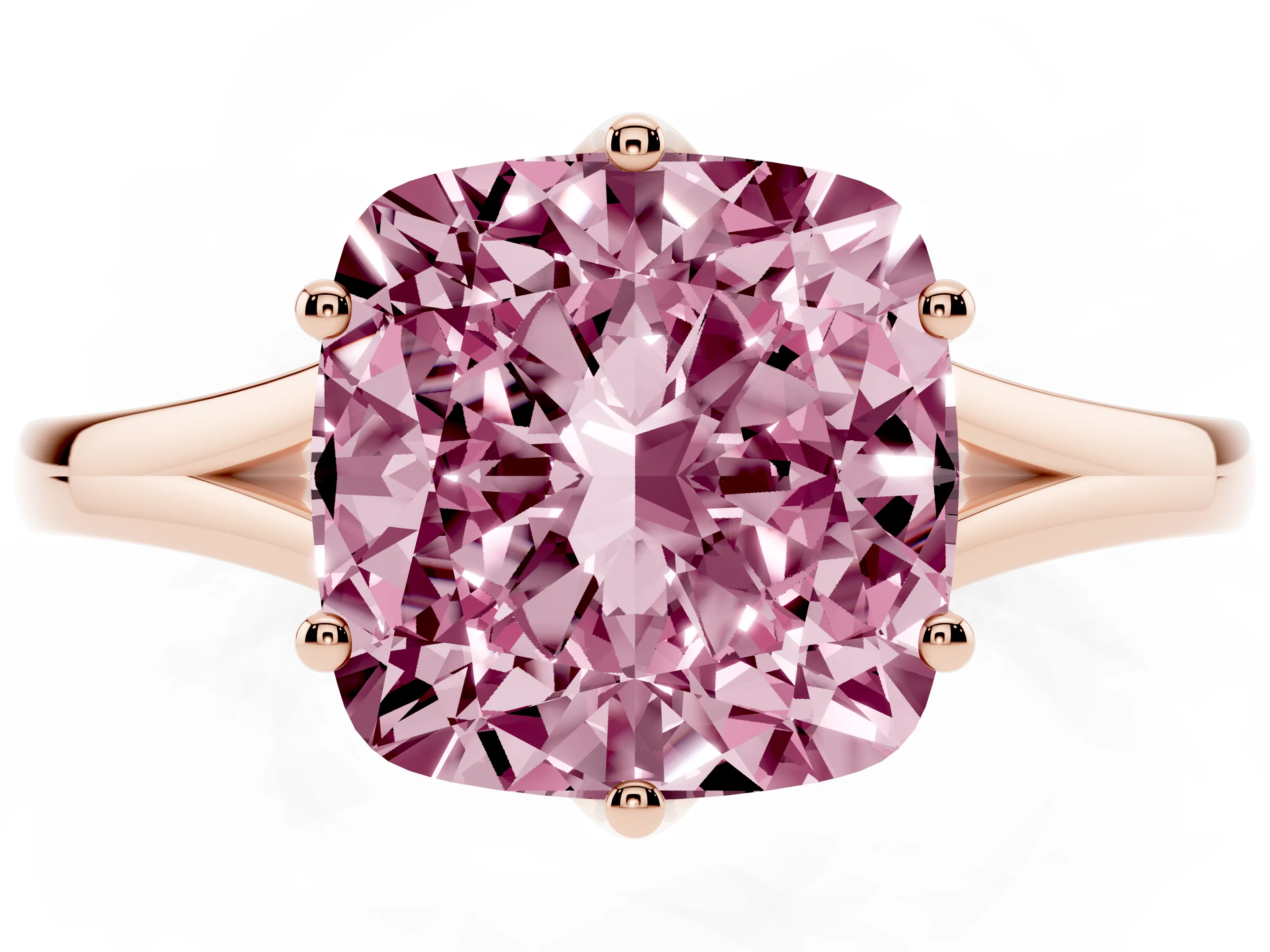 Fancy Pink Cushion Cut Diamond Solitaire Ring Set in Rose gold with Polished Tapered Band and Prong Setting