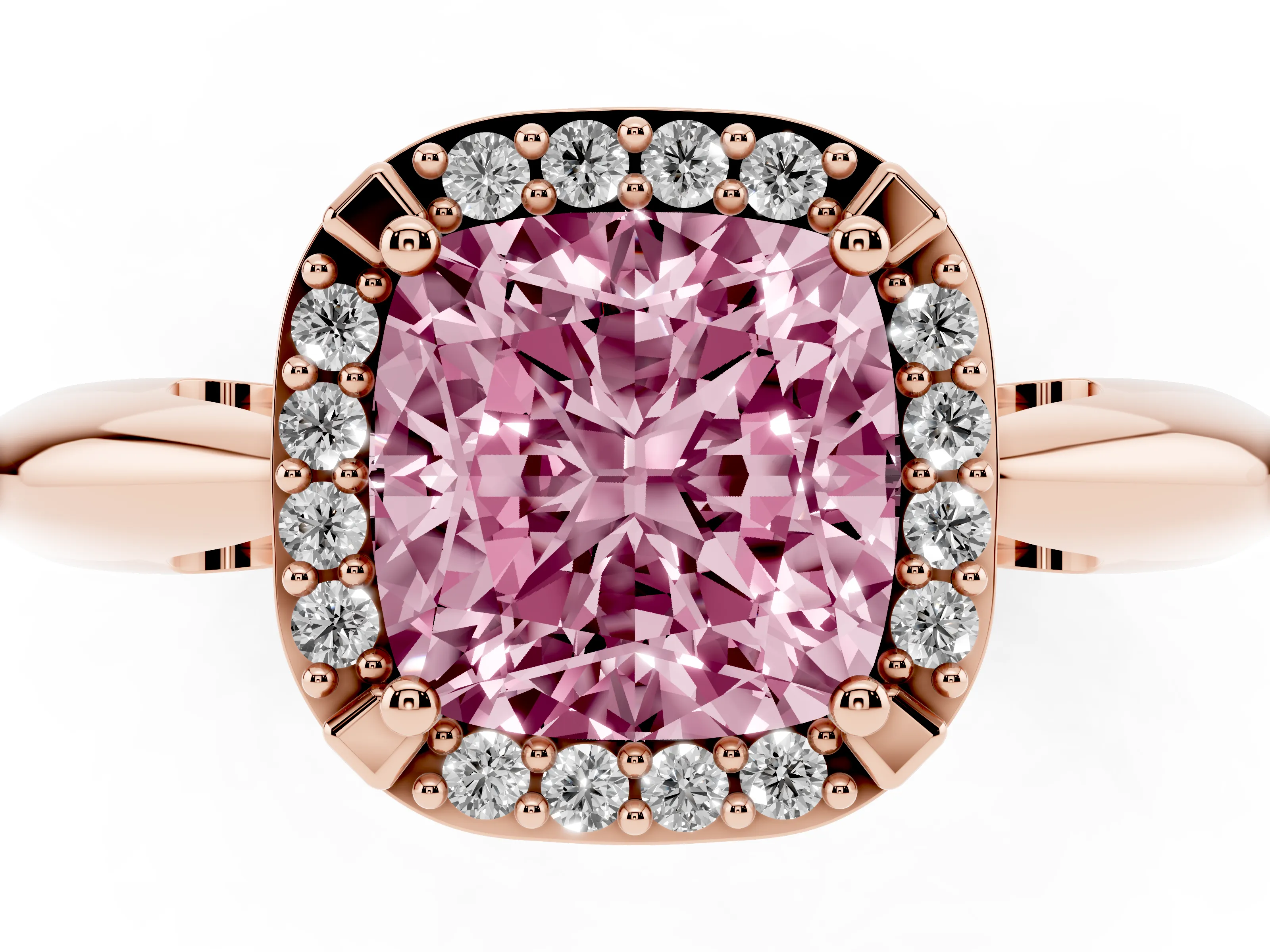 Fancy Pink Cushion Cut Diamond Halo Engagement Ring Set in Rose gold with Plain Split Shank and Prong Setting