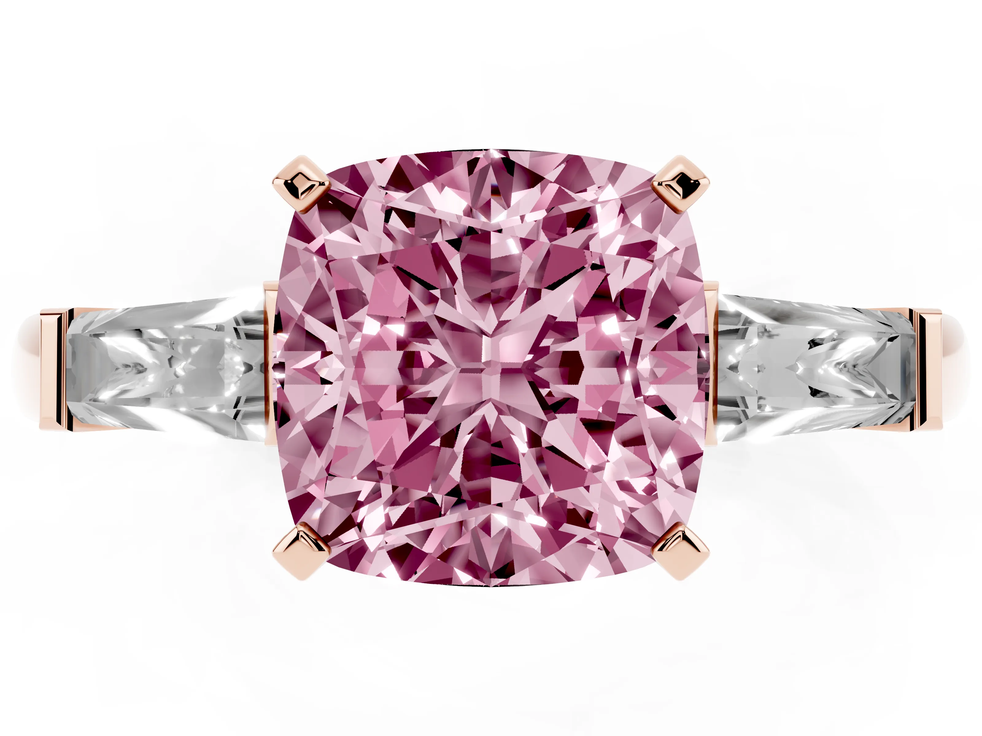 Fancy Pink Cushion Cut Diamond Solitaire Ring Set in Rose gold with Tapered Baguette Side Stones and Prong Setting