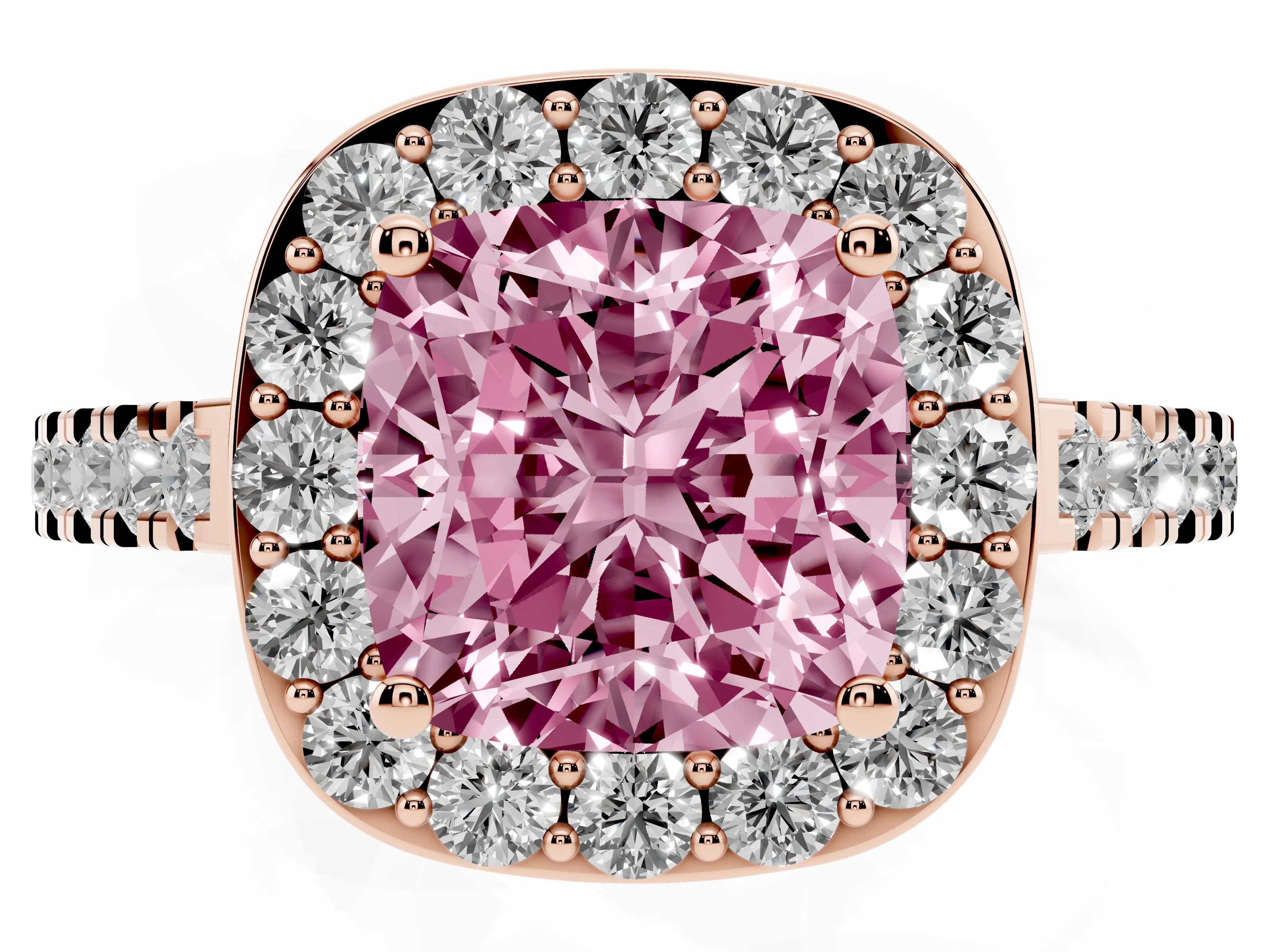 Fancy Pink Cushion Cut Diamond Halo Ring Set in Rose gold with Round Pavé Split Shank and Prong Setting