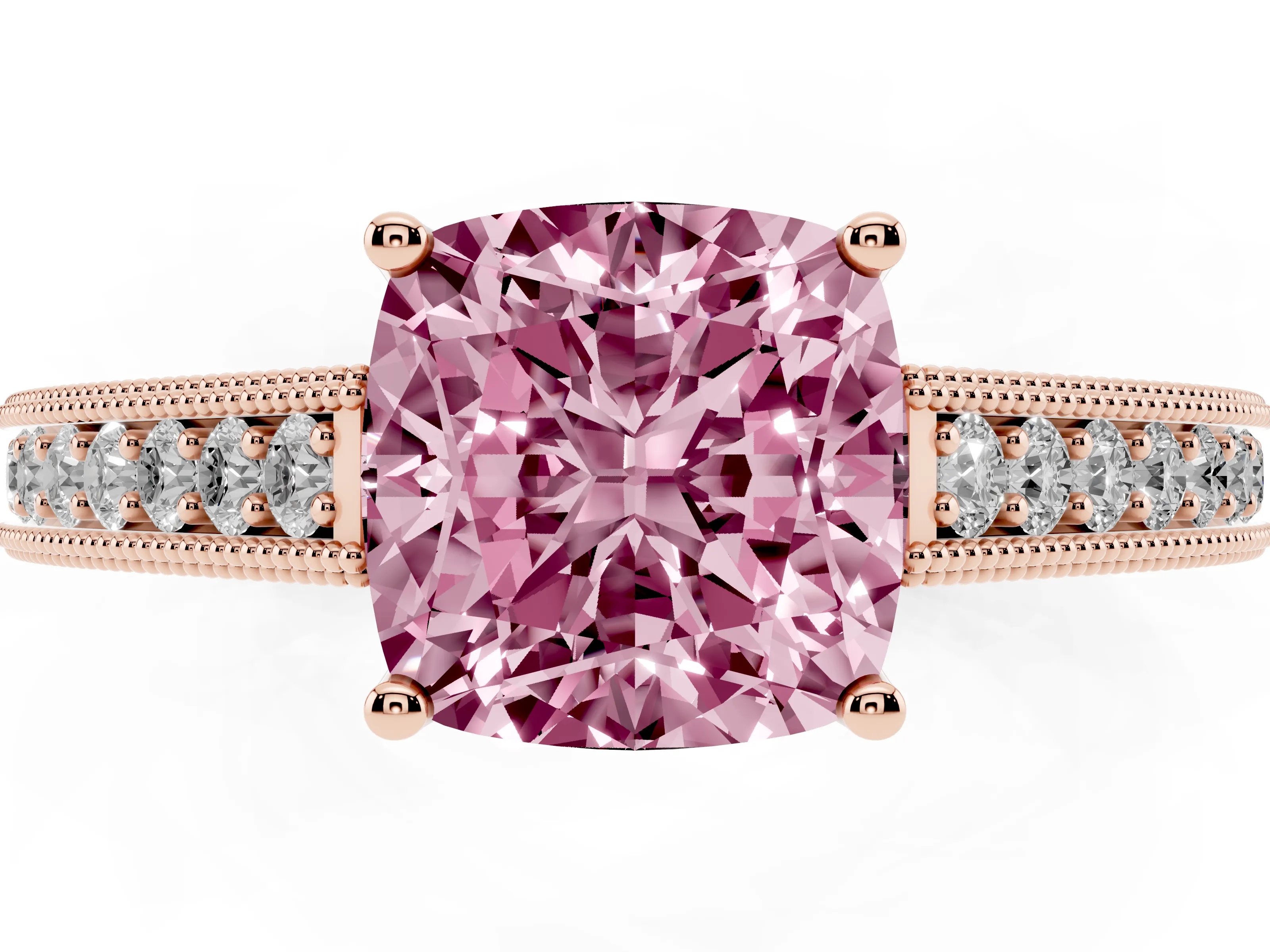 Fancy Pink Cushion Cut Diamond Milgrain Pavé Band Solitaire Ring Set in Rose gold with Prong Setting
