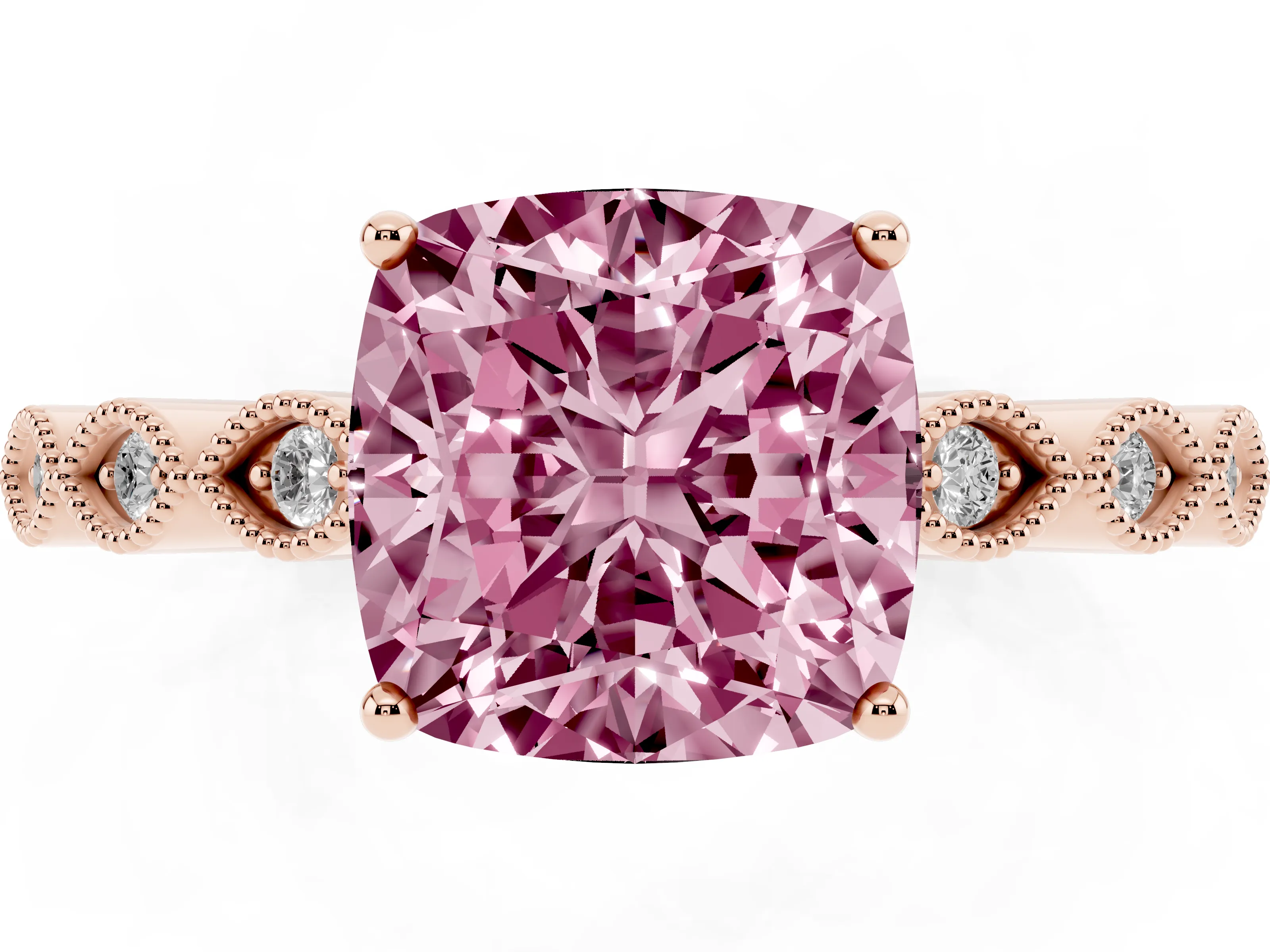 Fancy Pink Cushion Cut Diamond Solitaire Ring Set in Rose gold with Infinity Twist Pavé Band