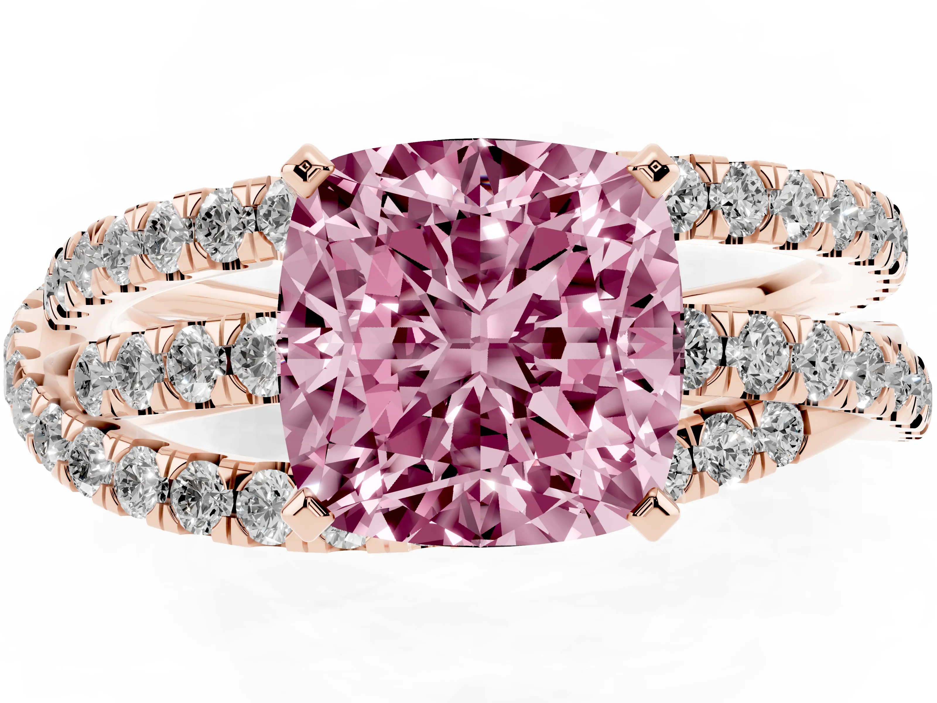 Fancy Pink Cushion Cut Diamond Solitaire Twist Band Ring Set in Rose gold with Pavé Setting and Prong Head