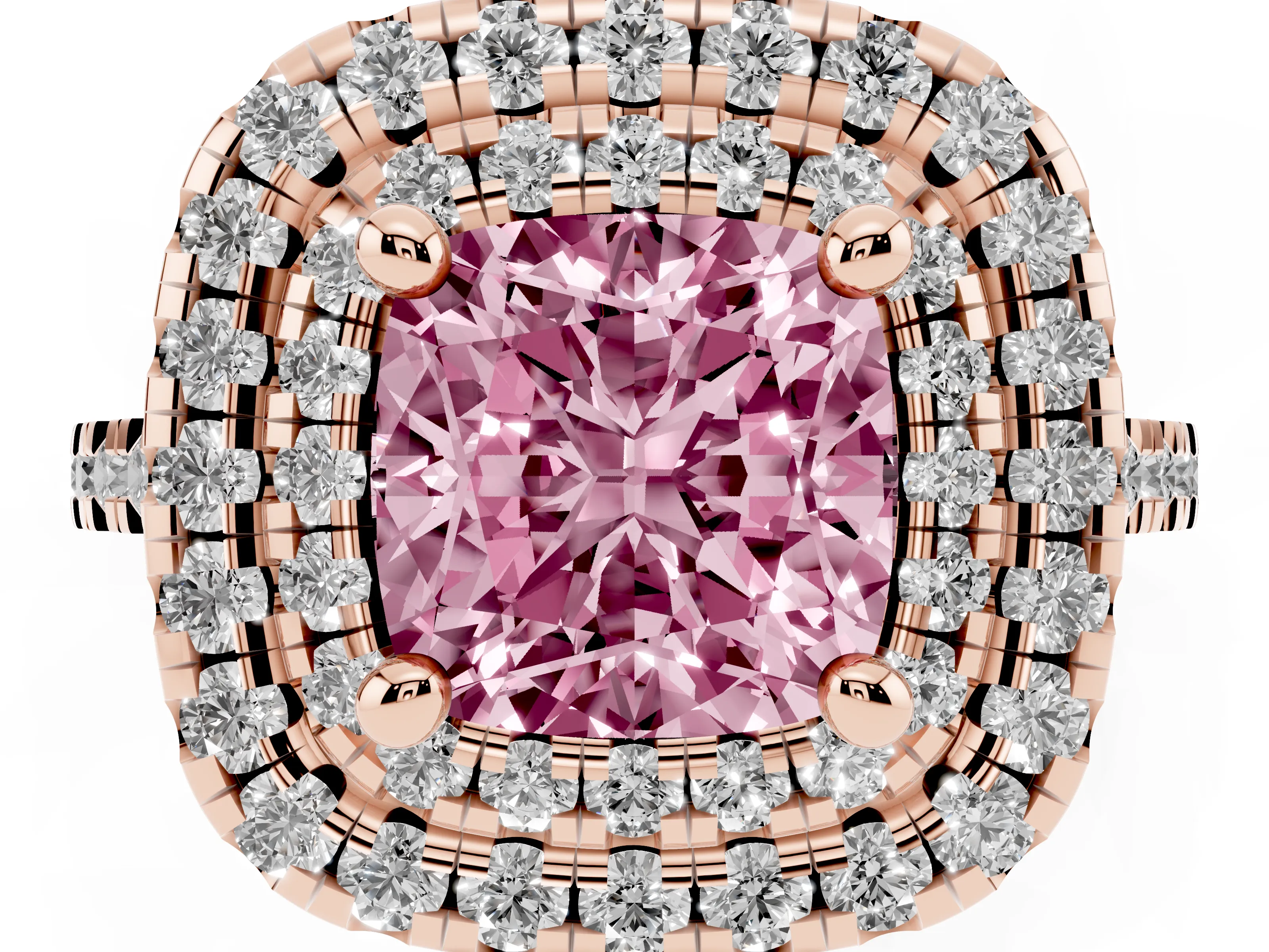 Fancy Pink Cushion Cut Diamond Double Halo Statement Ring Set in Rose gold with Pavé Band