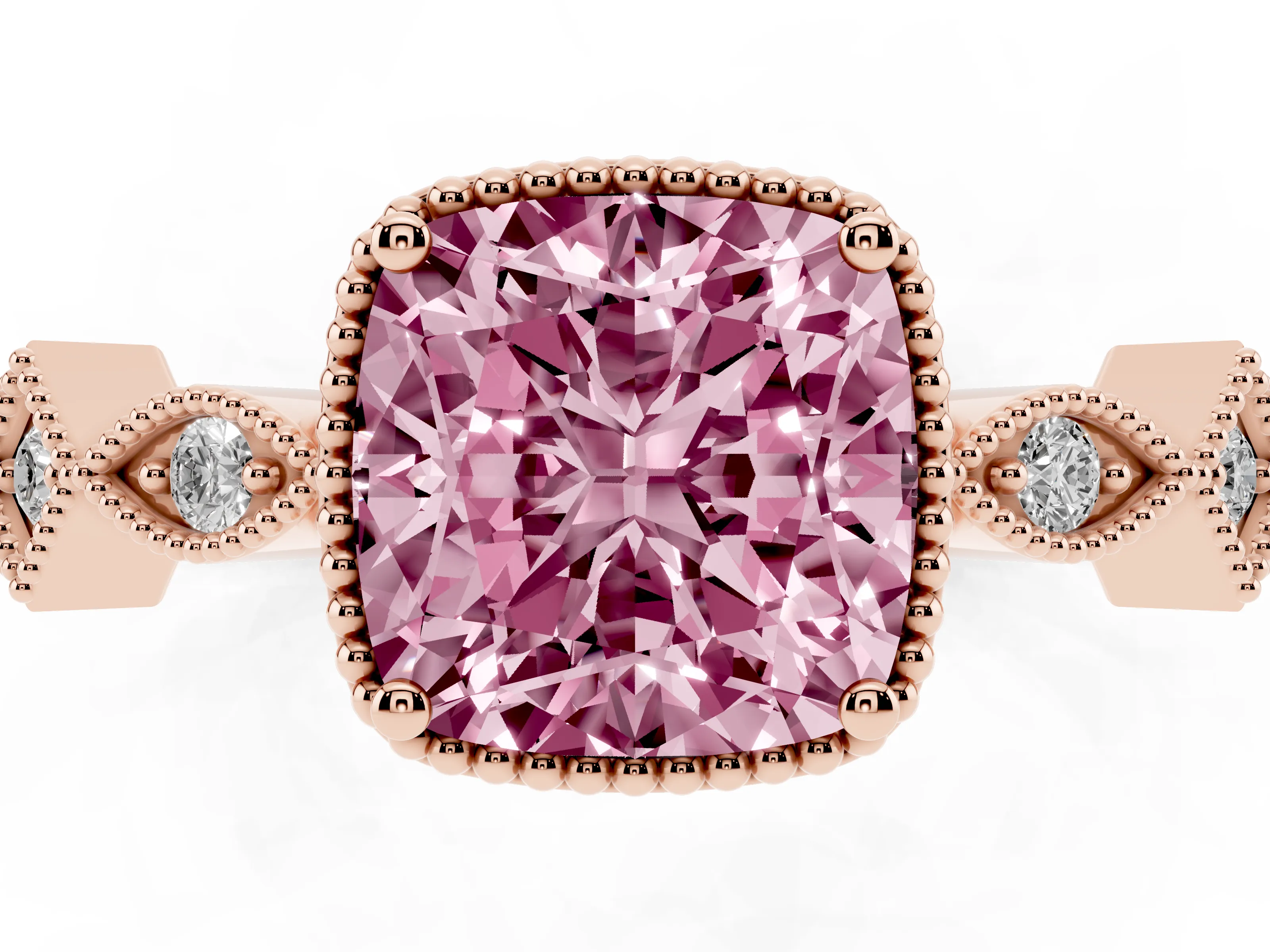 Fancy Pink Cushion Cut Diamond Milgrain Marquise Twist Band Ring Set in Rose gold with Prong Setting