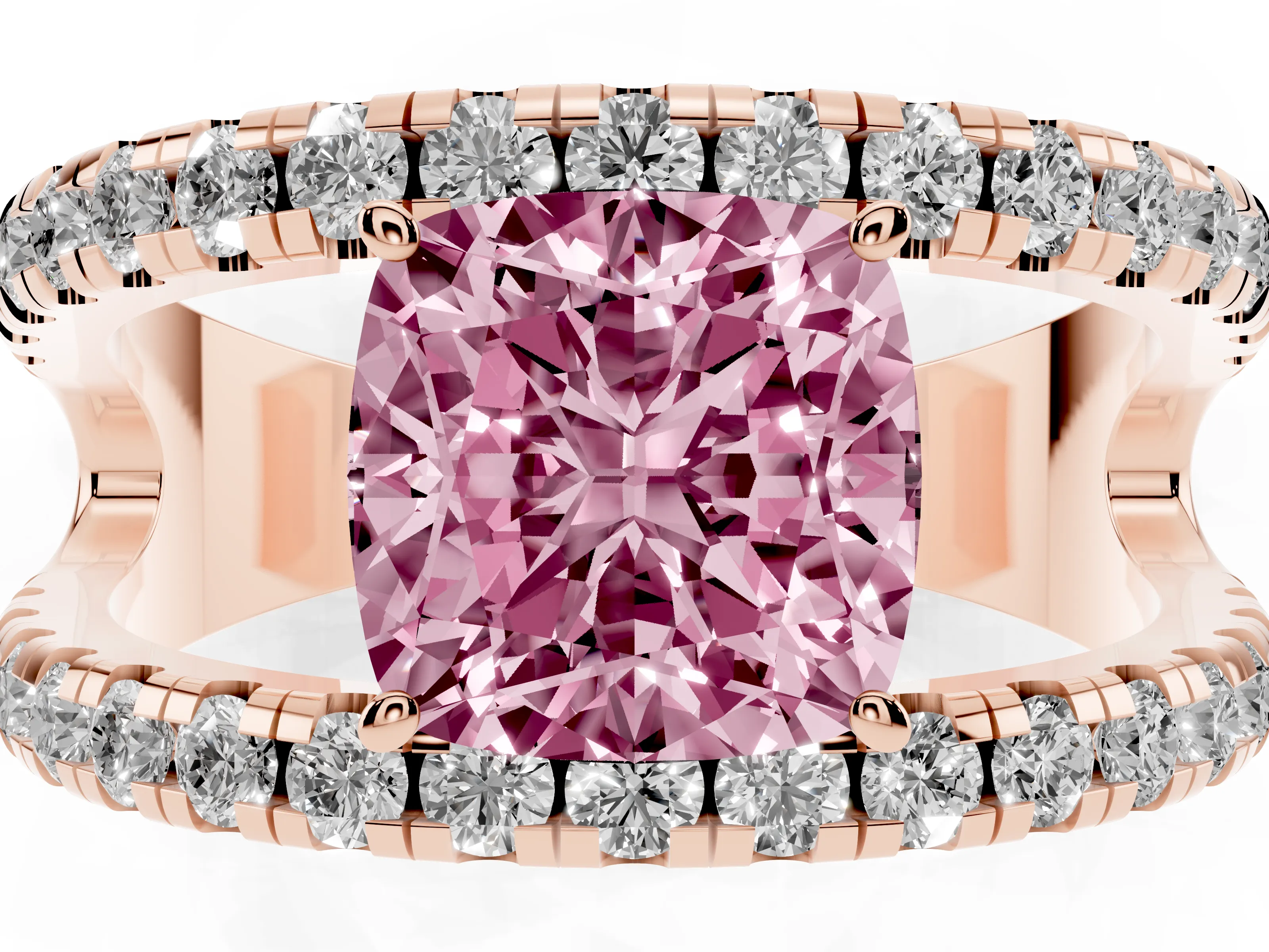 Fancy Pink Cushion Cut Diamond Split Shank Pavé Solitaire Ring Set in Rose gold with Open Shank Design