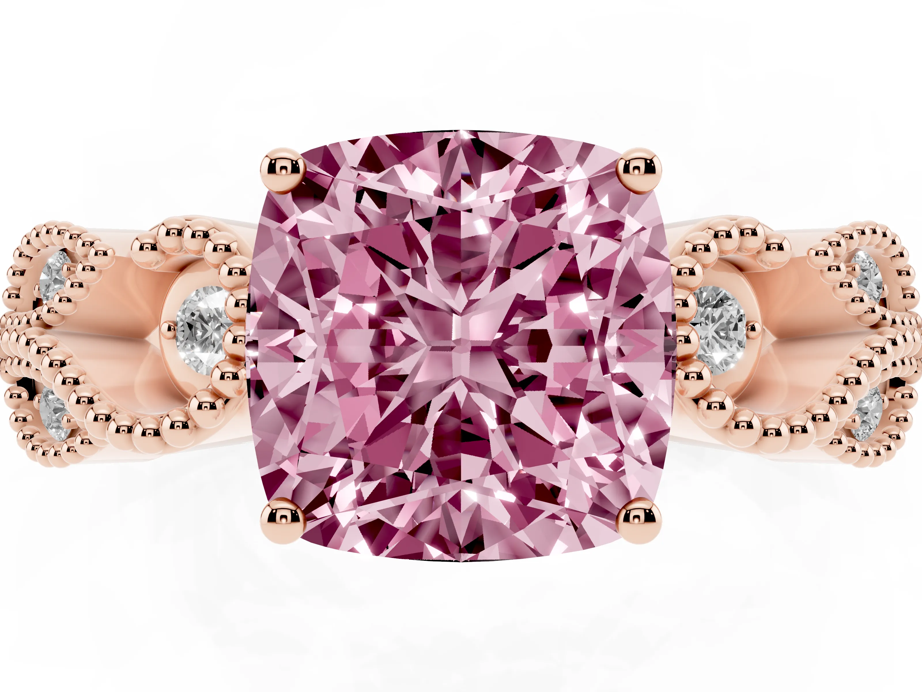 Fancy Pink Cushion Cut Diamond Milgrain Leaf Band Solitaire Ring Set in Rose gold with Accent Stones and Prong Setting