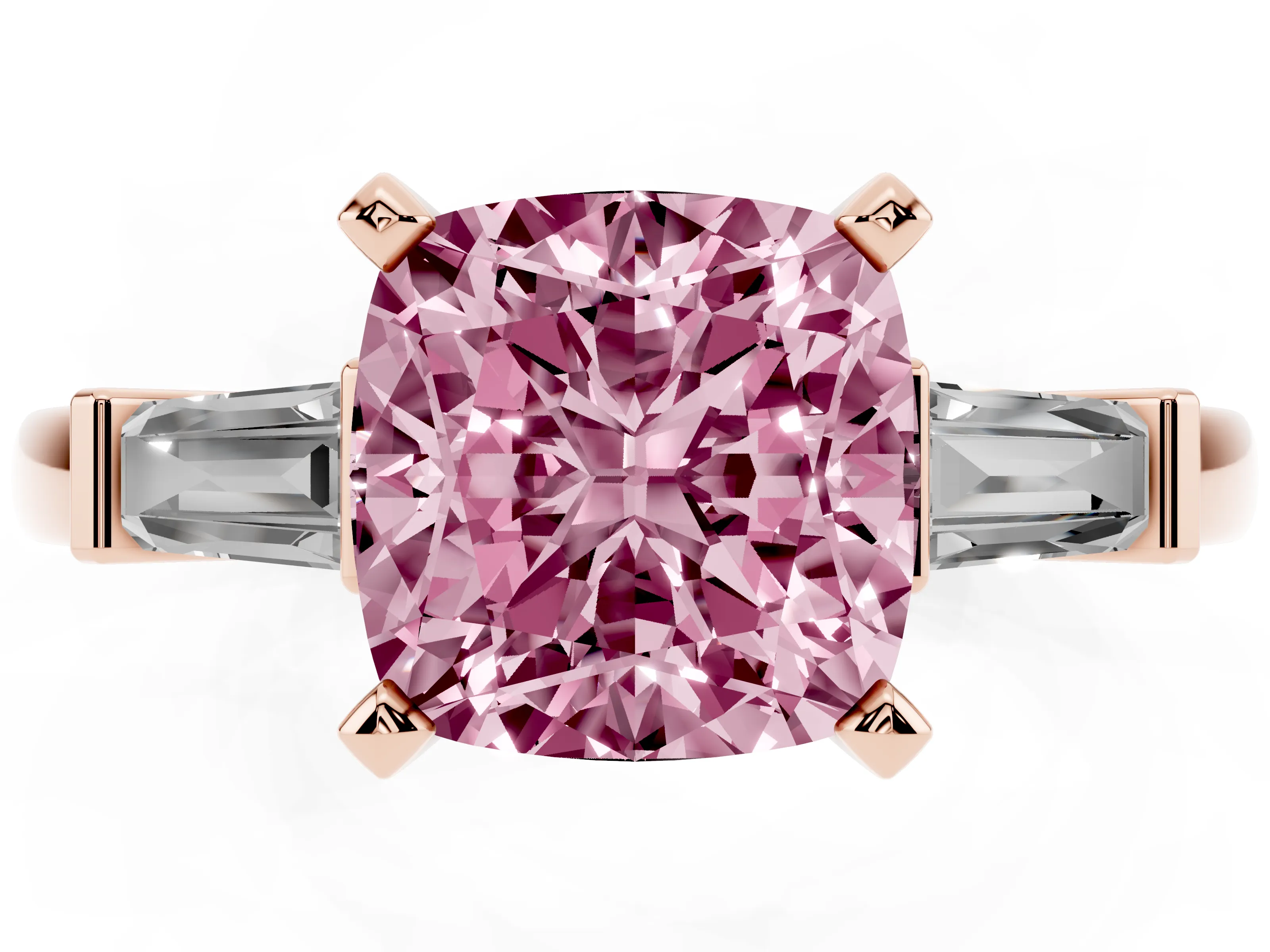 Fancy Pink Cushion Cut Diamond Solitaire Ring Set in Rose gold with Tapered Baguette Accents and Prong Setting