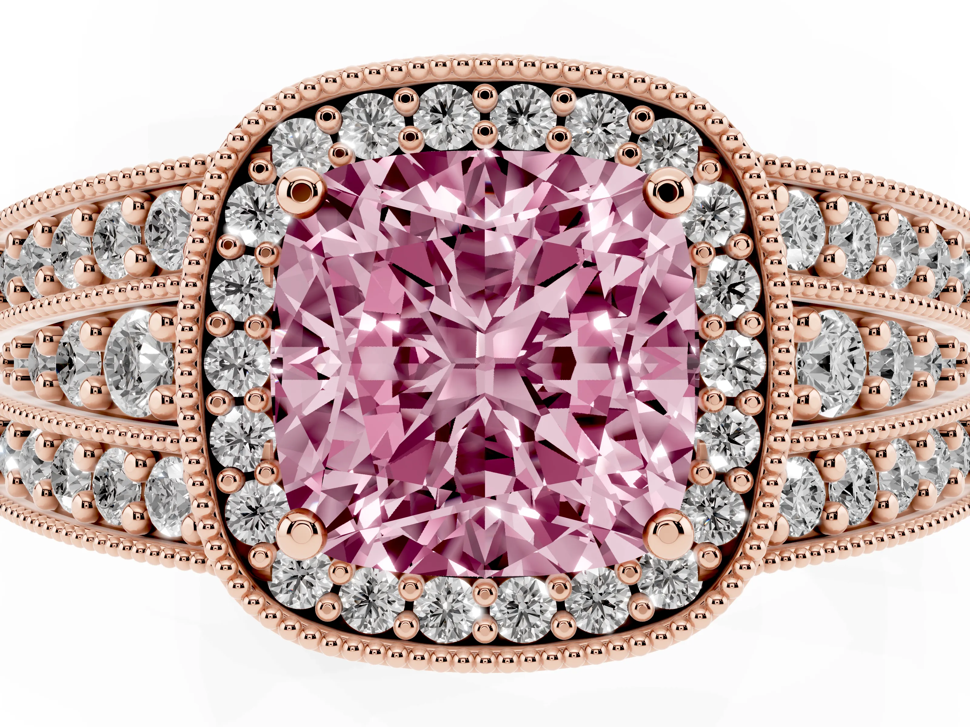 Fancy Pink Cushion Cut Diamond Halo Ring Set in Rose gold with Accent Split Shank and Prong Setting