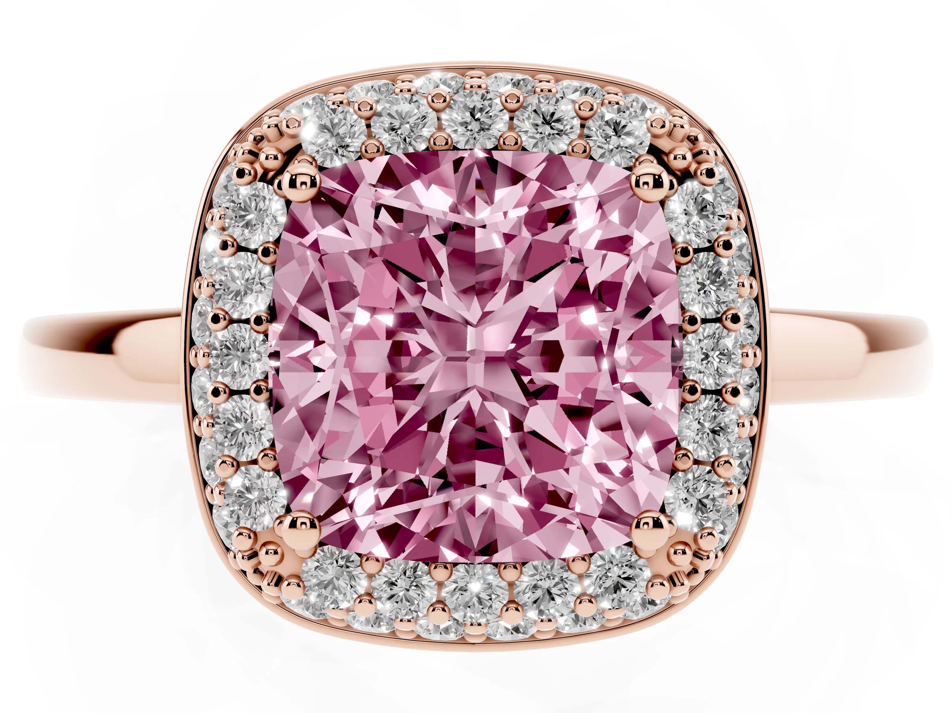 Fancy Pink Cushion Cut Diamond Halo Engagement Ring Set in Rose gold with Solitaire Band and Prong Setting