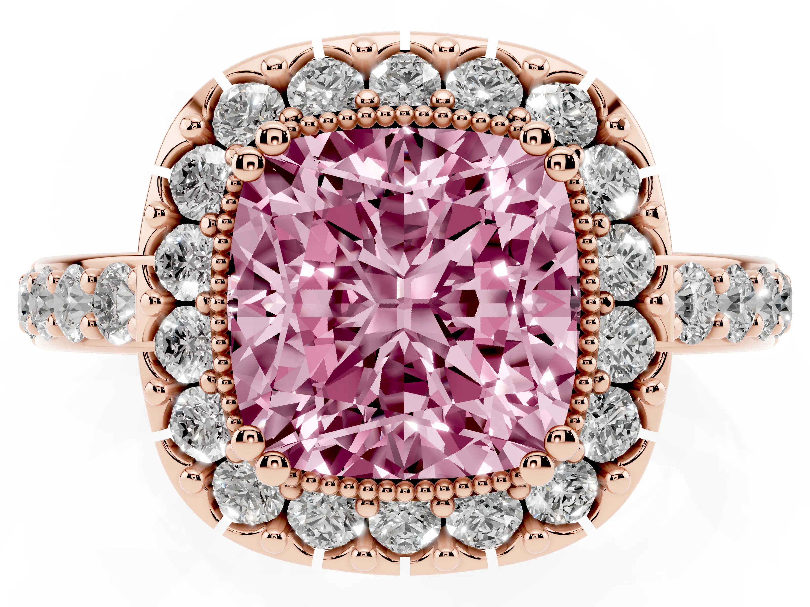 Fancy Pink Cushion Cut Diamond Halo Ring Set in Rose gold with Pavé Shank and Prong Setting