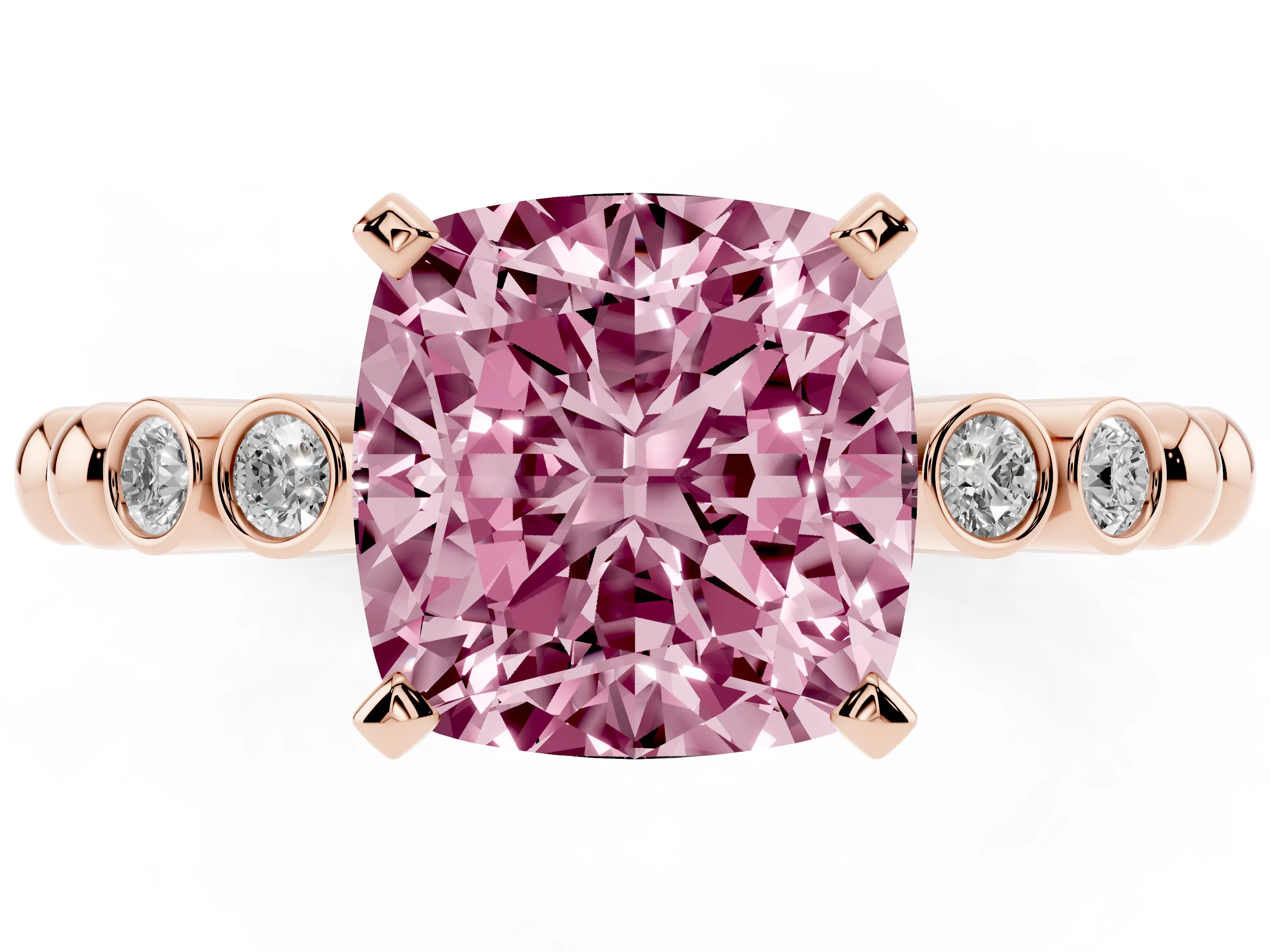 Fancy Pink Cushion Cut Diamond Solitaire Engagement Ring Set in Rose gold with Bezel Accents on Beaded Band