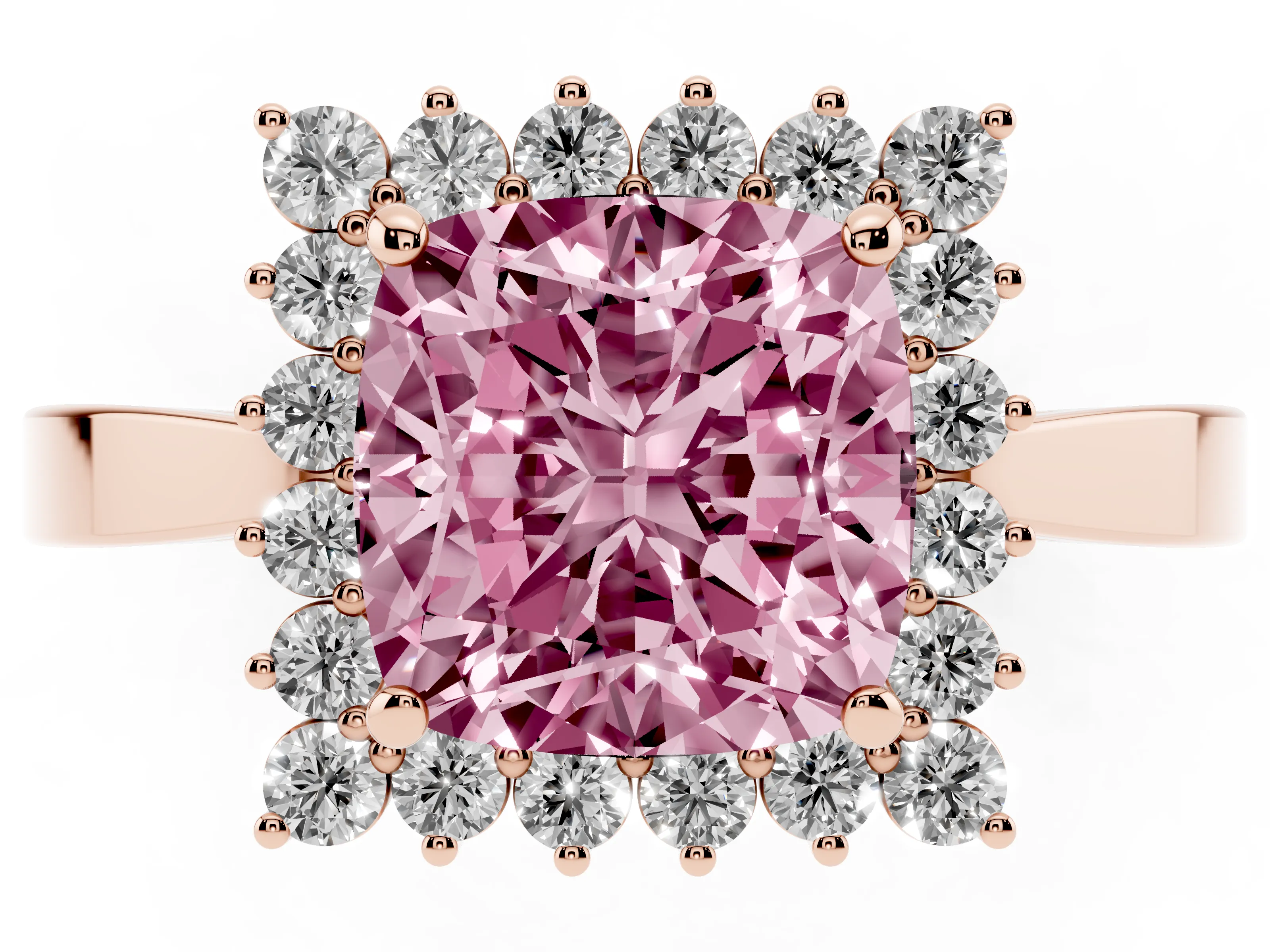 Fancy Pink Cushion Cut Diamond Halo Ring Set in Rose gold with Round Halo and Smooth Solitaire Band