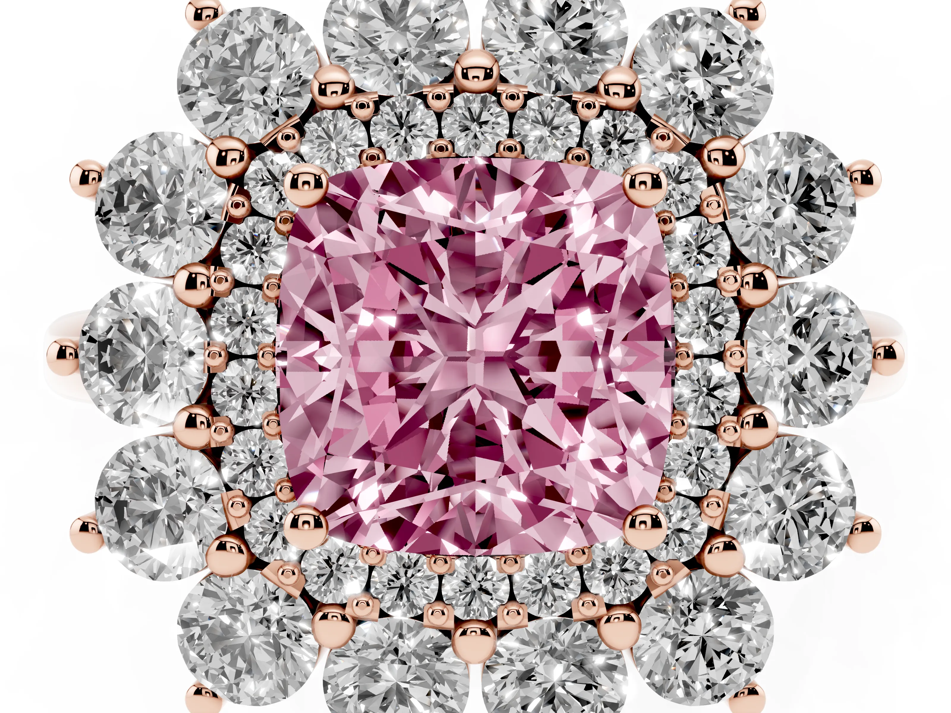 Fancy Pink Cushion Cut Diamond Floral Double Halo Ring Set in Rose gold with Round Petals