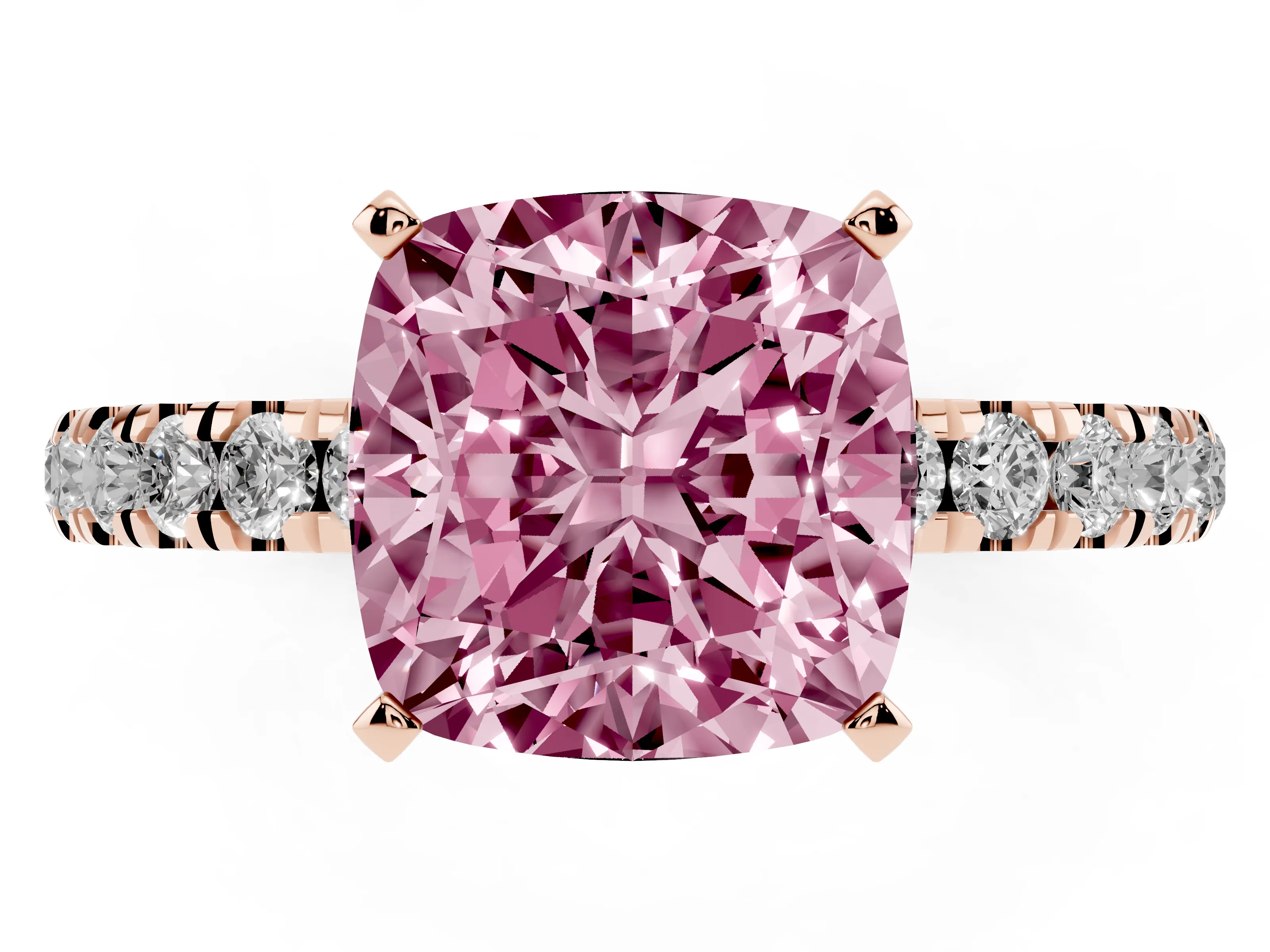 Fancy Pink Cushion Cut Diamond Solitaire Ring Set in Rose gold with Pavé Accents and Prong Setting