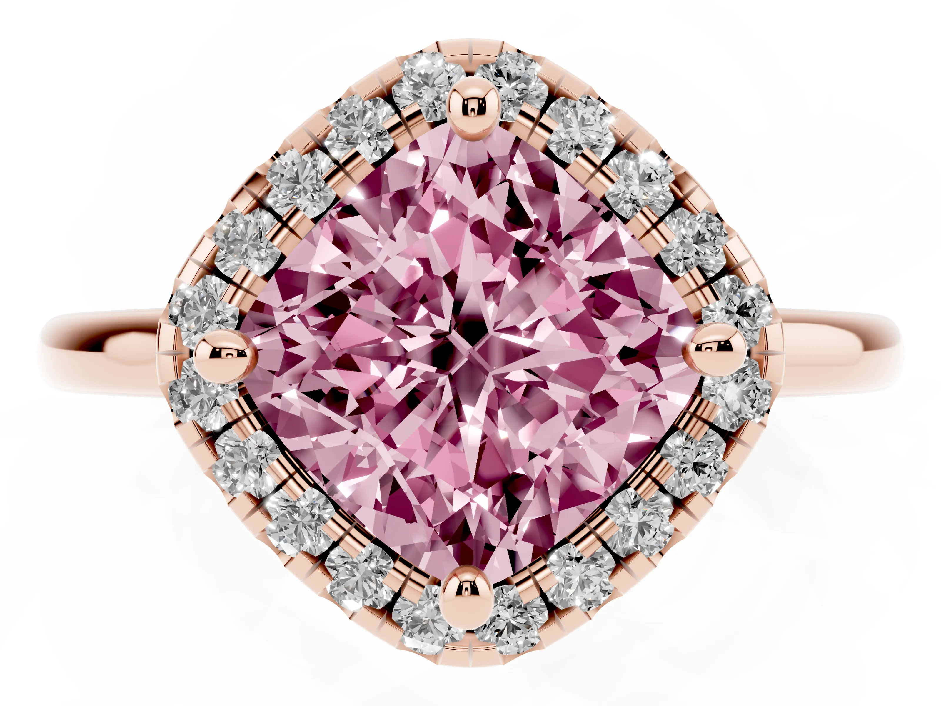 Fancy Pink Cushion Cut Diamond Halo Engagement Ring Set in Rose gold with Pavé Band and Rising Shoulders