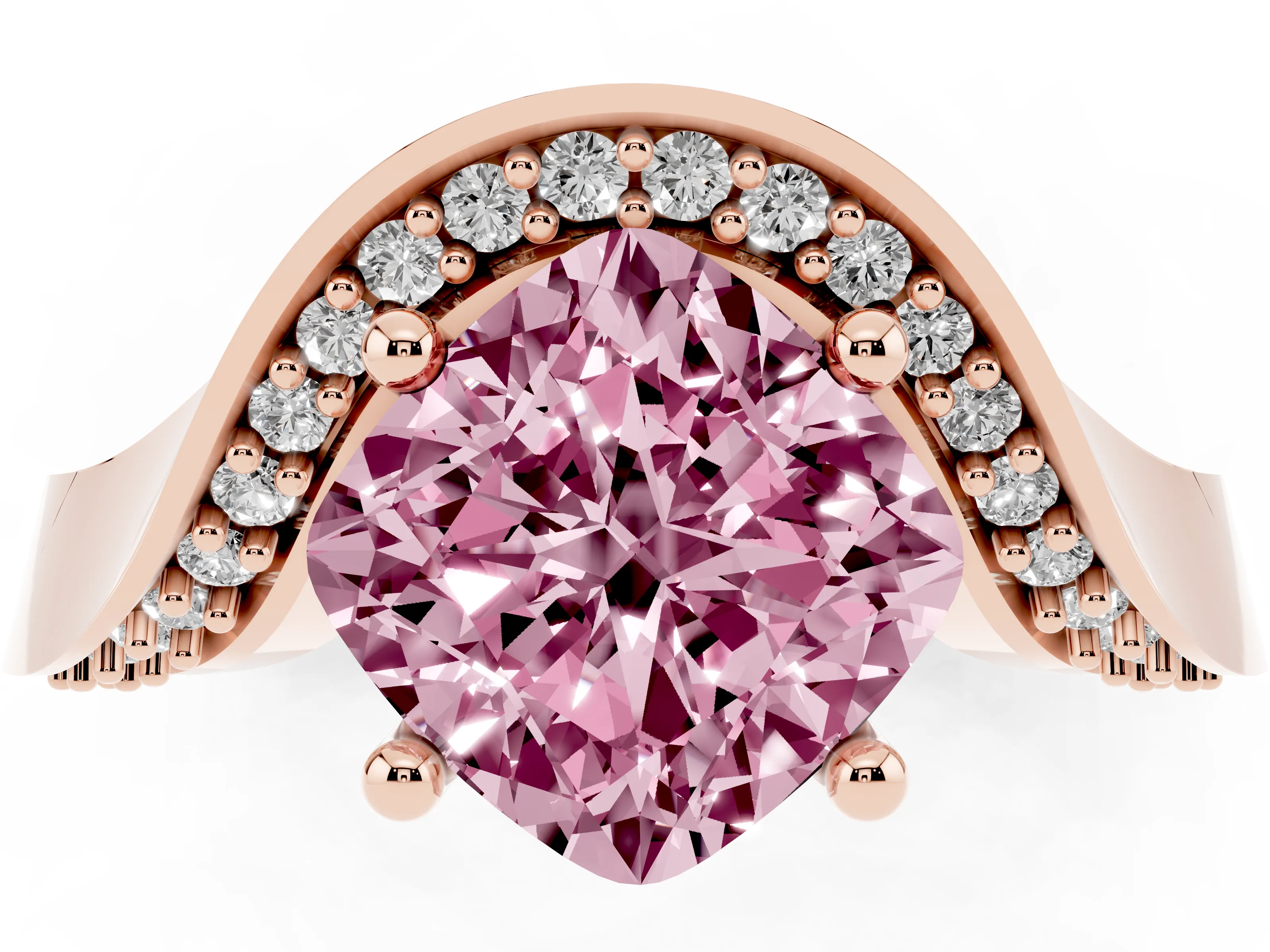 Fancy Pink Cushion Cut Diamond Solitaire Engagement Ring Set in Rose gold with Pavé Shoulders