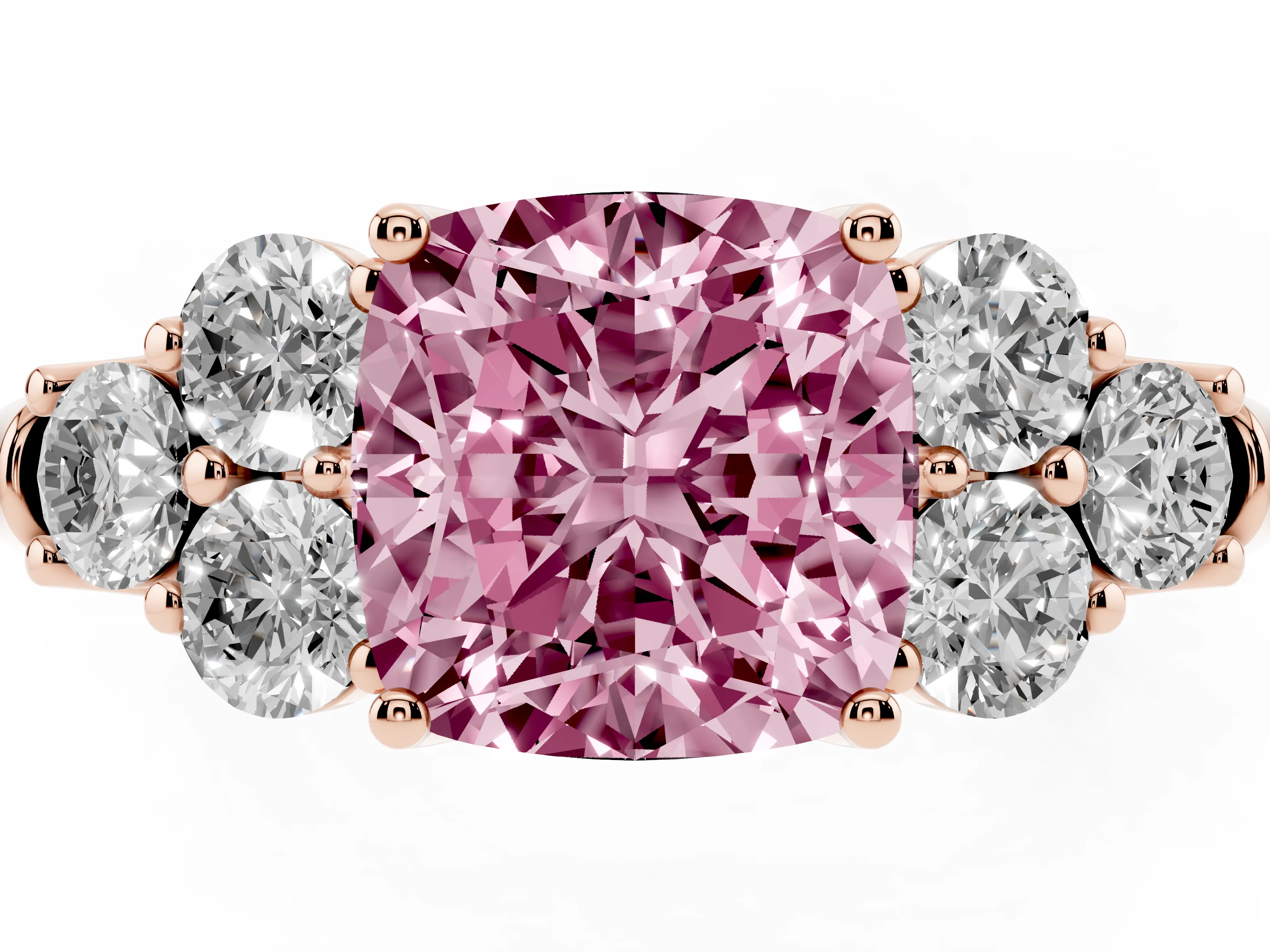 Fancy Pink Cushion Cut Diamond Cluster Ring Set in Rose gold with Round Accent Stones and Prong Setting on a Plain Band