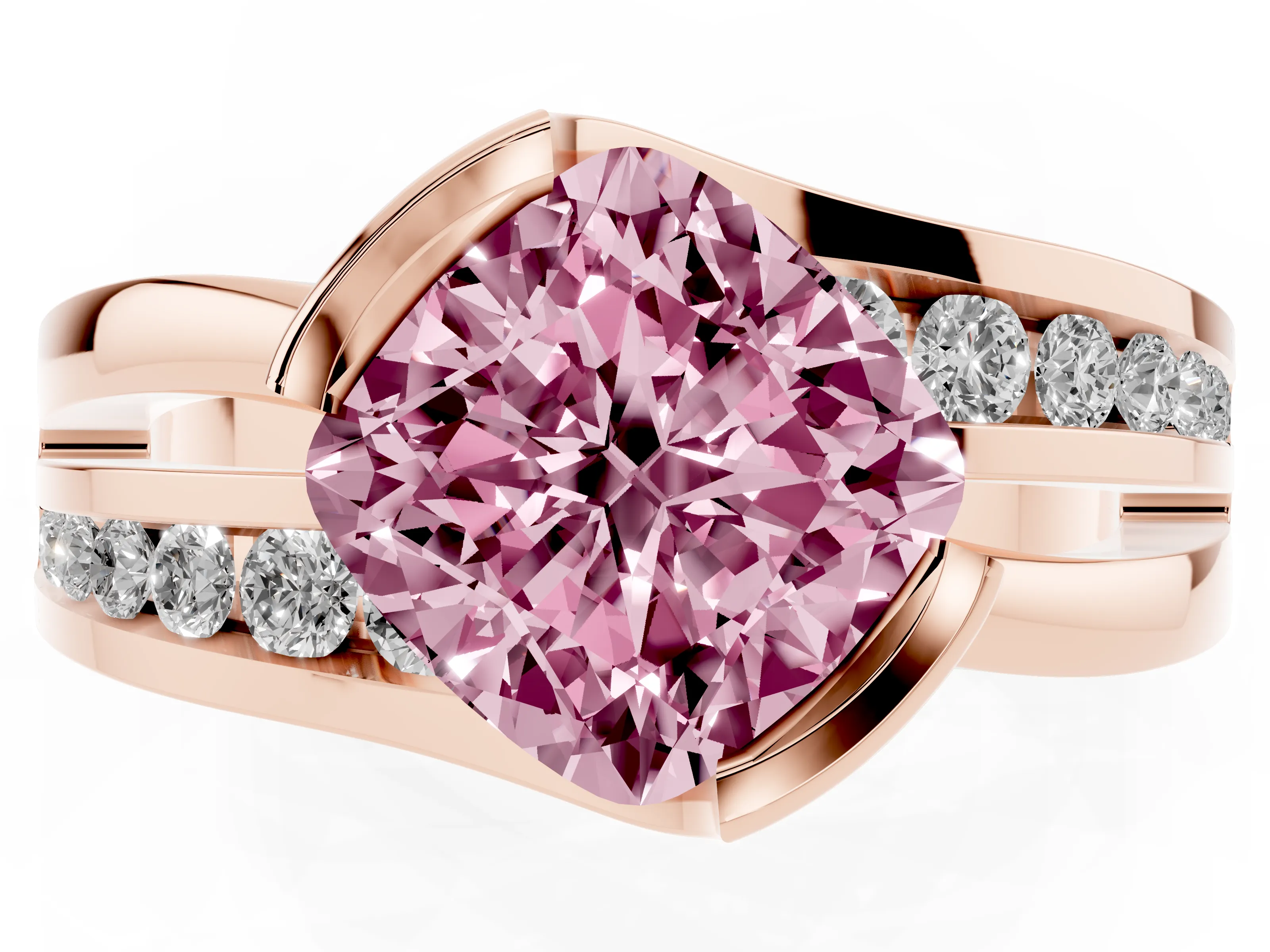 Fancy Pink Cushion Cut Diamond Solitaire Ring Set in Rose gold with Channel Set Split Shank and Tension Prongs