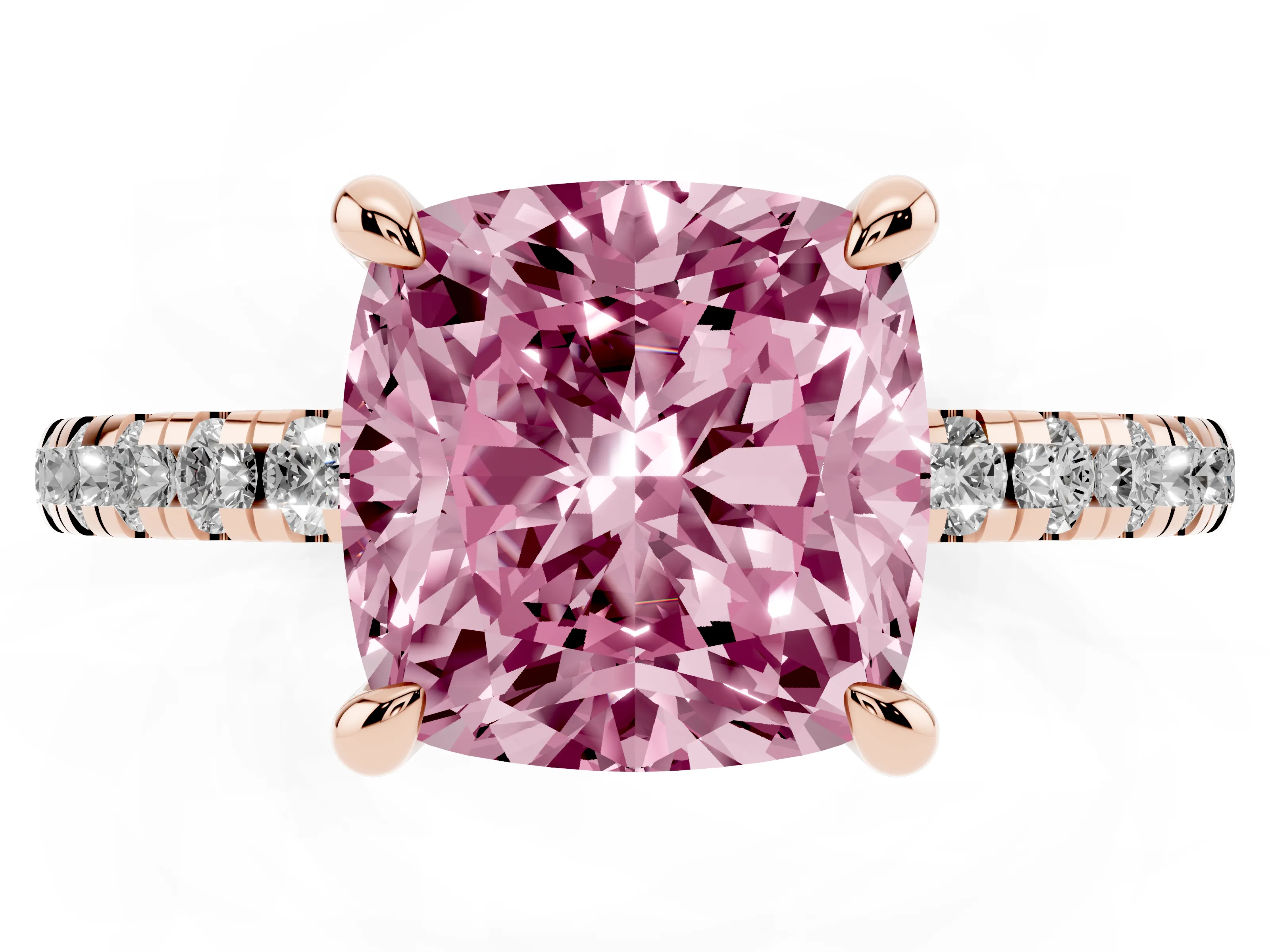 Fancy Pink Cushion Cut Diamond Brilliant Solitaire Ring Set in Rose gold with Pavé Band and Prong Setting