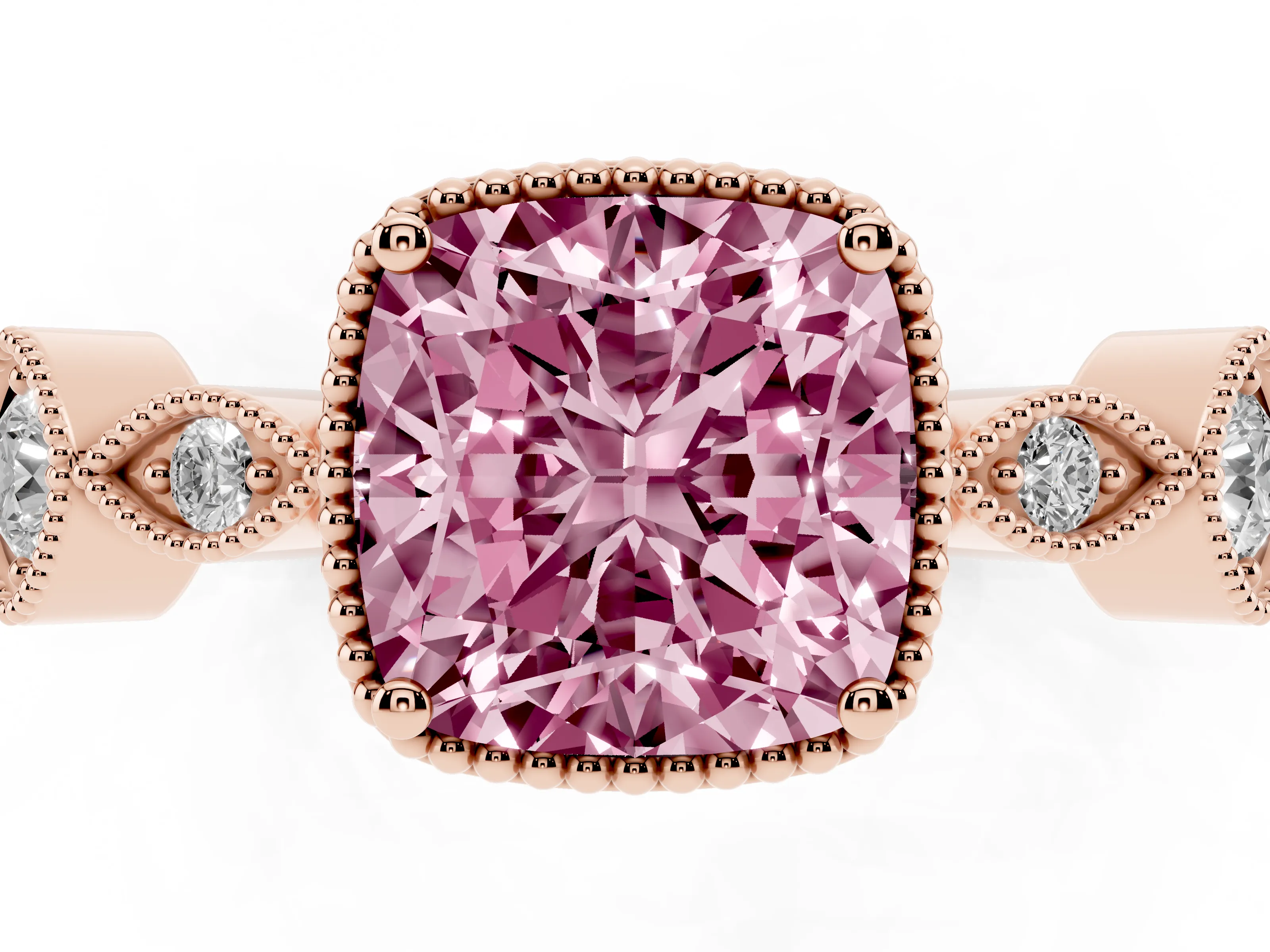 Fancy Pink Cushion Cut Diamond Vintage-Inspired Milgrain Ring Set in Rose gold with Marquise Stations of Round Accents