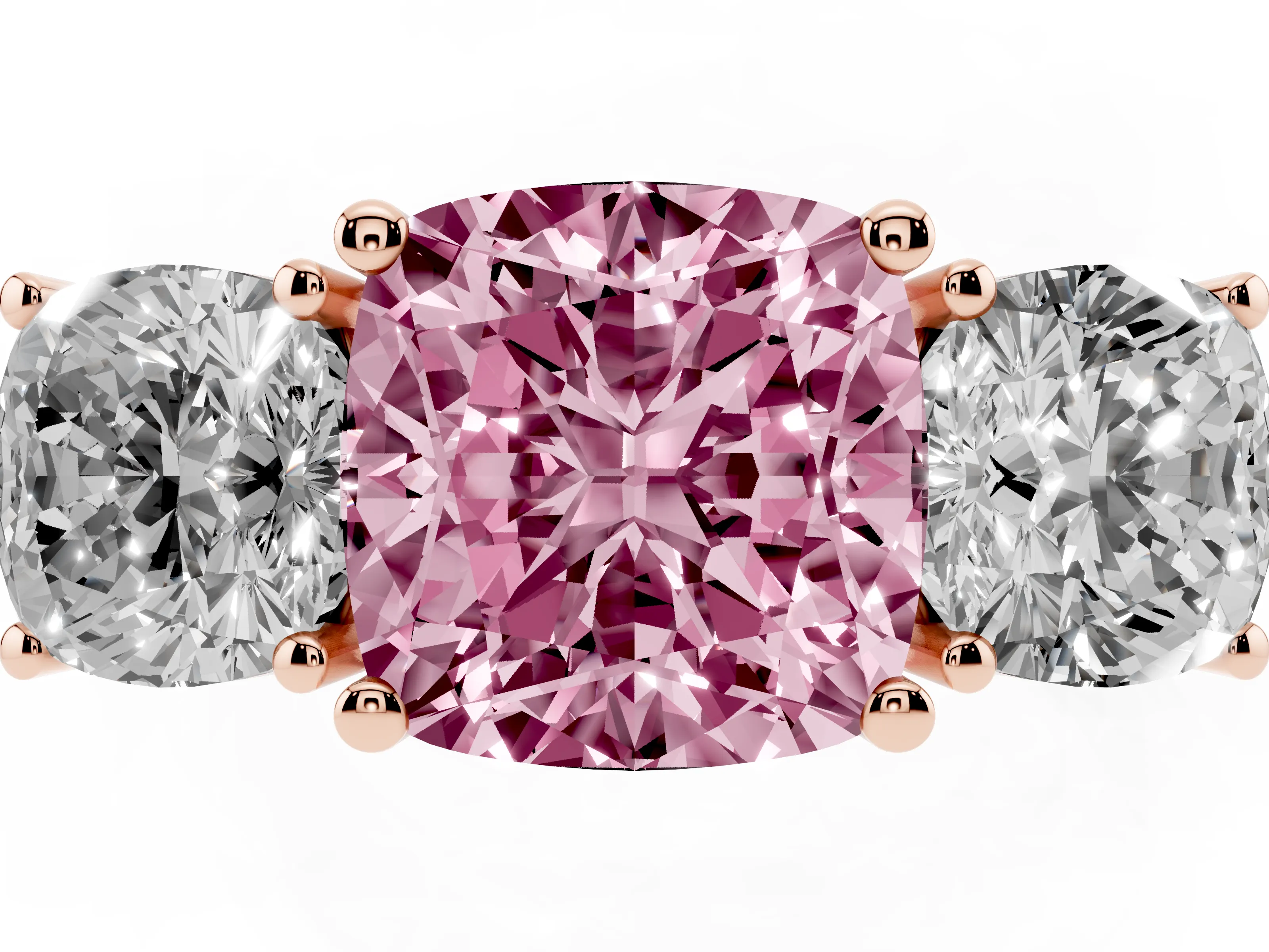 Fancy Pink Cushion Cut Diamond Three-Stone Engagement Ring Set in Rose gold with Flat Band