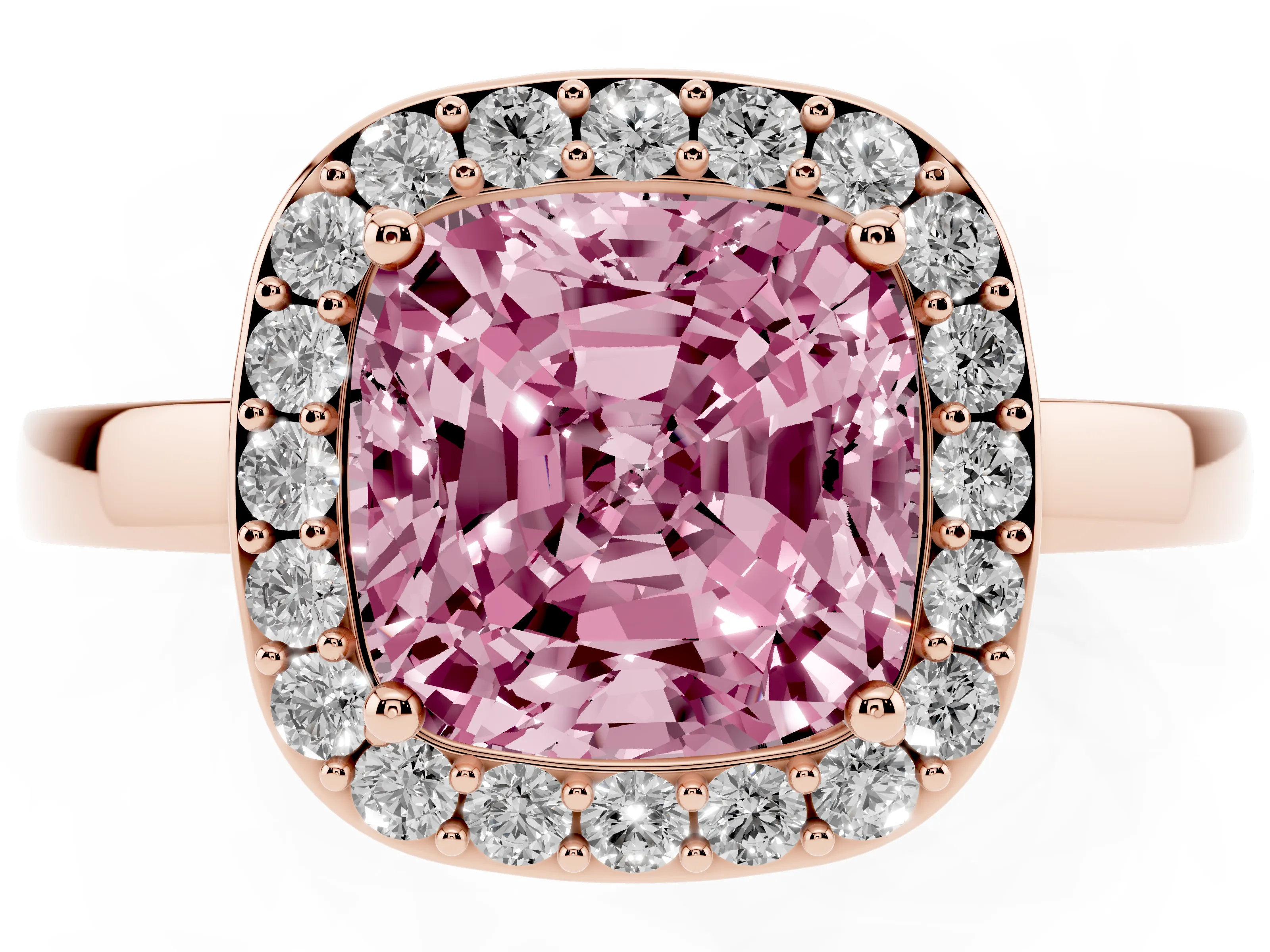 Fancy Pink Cushion Cut Diamond Halo Ring Set in Rose gold with Solitaire Band and Prong Setting