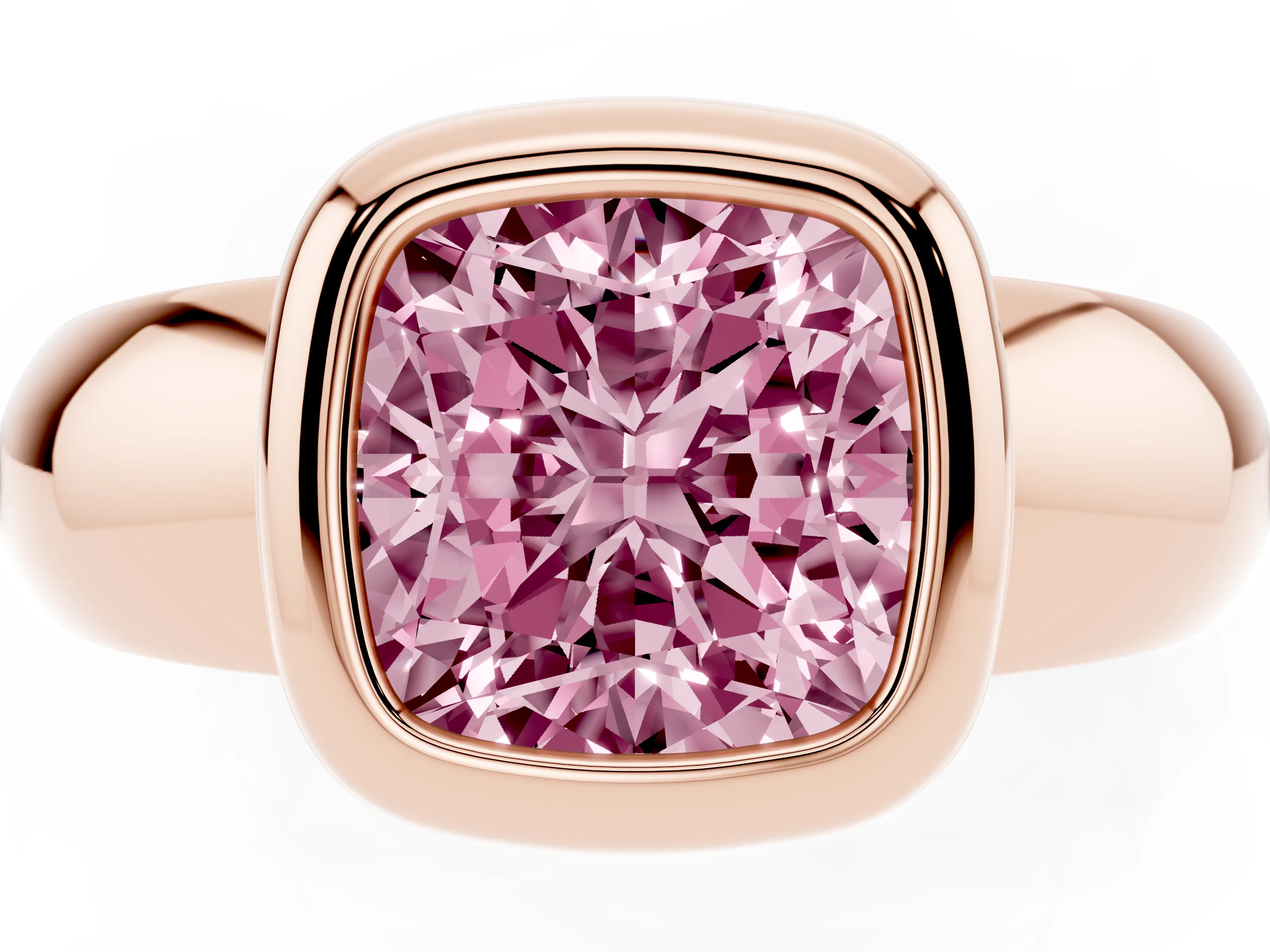 Fancy Pink Bezel Set Cushion Cut Diamond Solitaire Ring Set in Rose gold with Wide Band