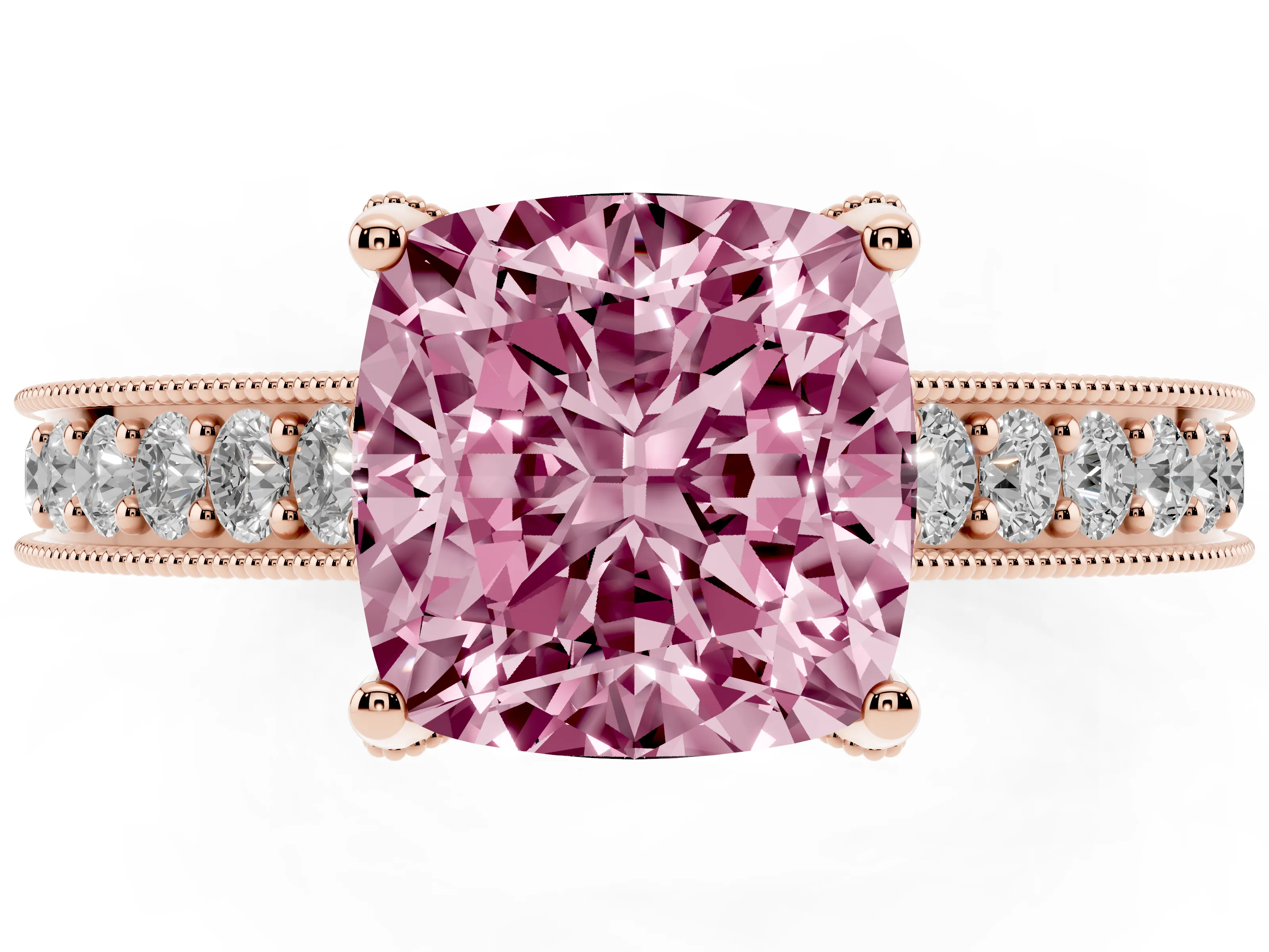 Fancy Pink Cushion Cut Diamond Solitaire Ring Set in Rose gold with Milgrain-Edged Pavé Band and Prong Setting