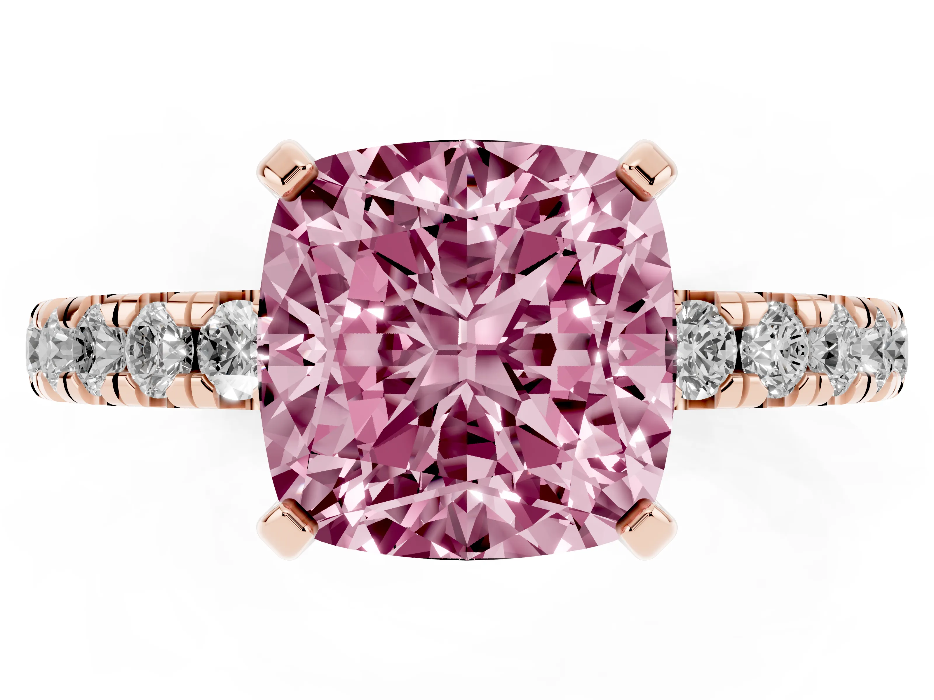 Fancy Pink Cushion Cut Diamond Pavé Solitaire Ring Set in Rose gold with Round Band and Prong Setting