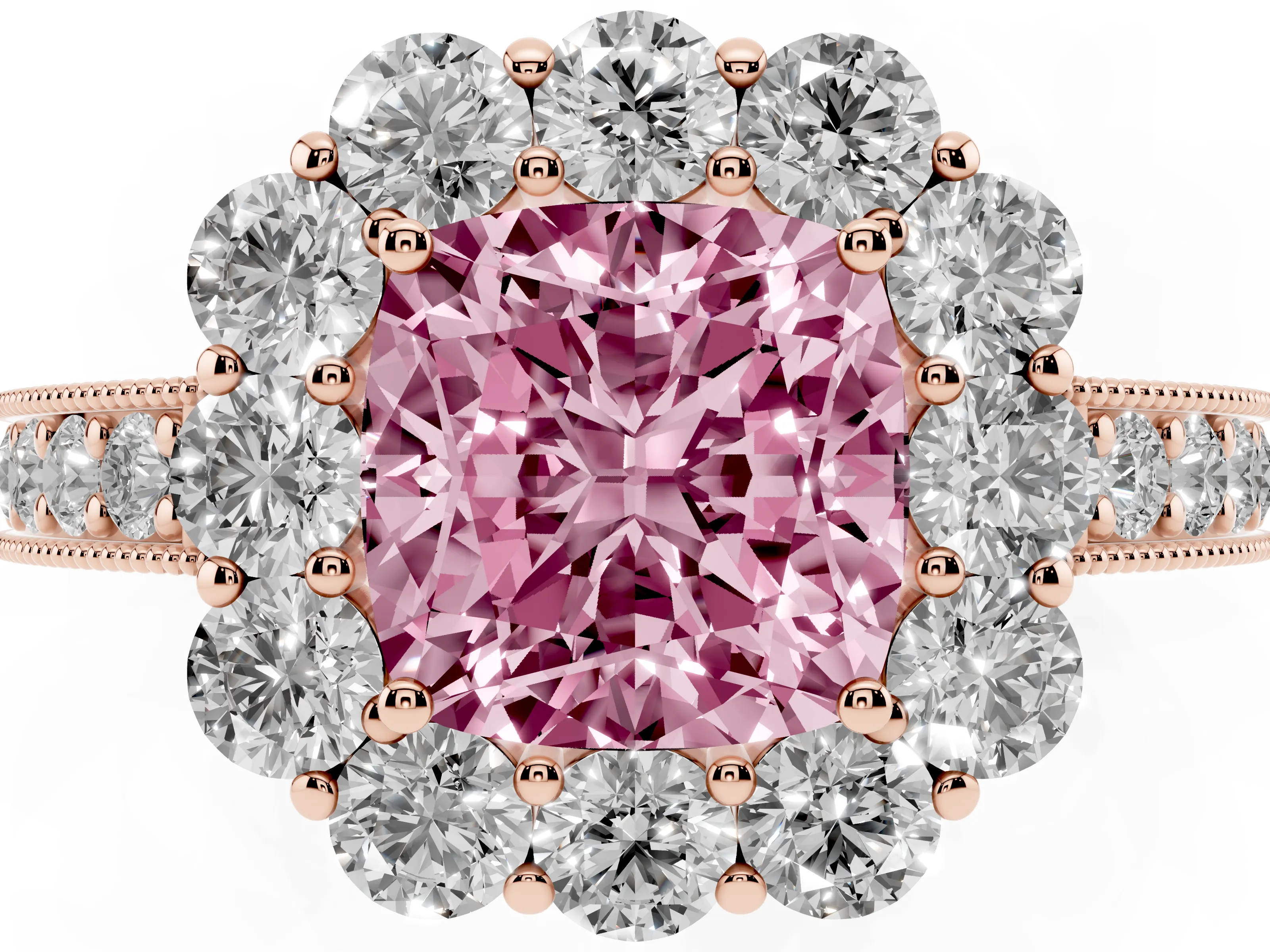 Fancy Pink Cushion Cut Diamond Halo Pavé Engagement Ring Set in Rose gold with Milgrain Detailing