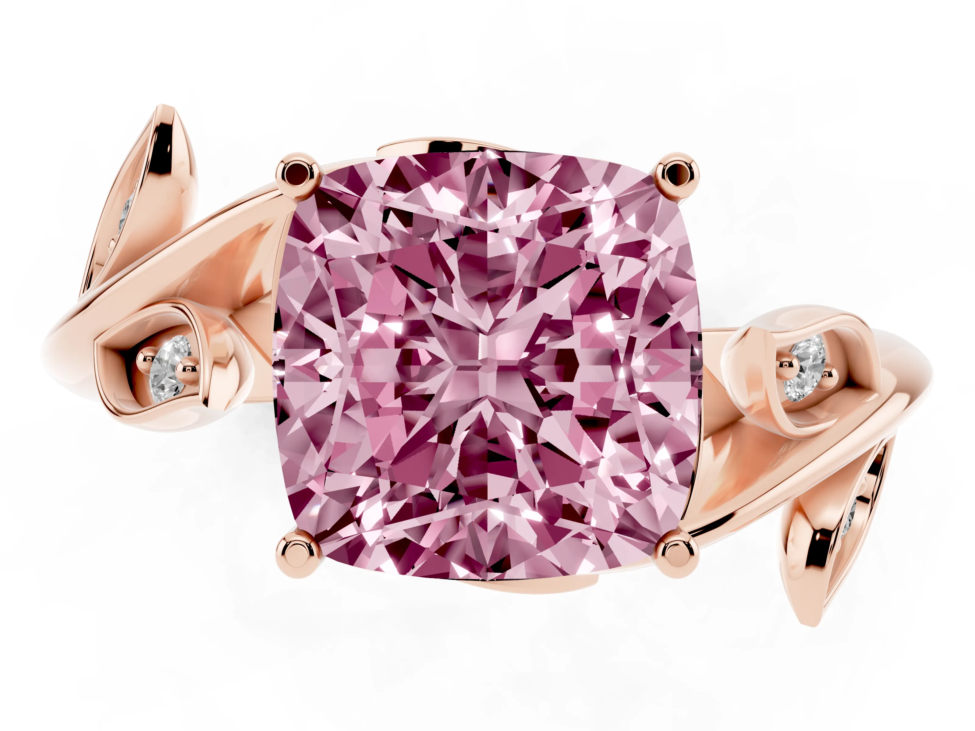 Fancy Pink Cushion Cut Diamond Solitaire Twist Engagement Ring Set in Rose gold with Pavé Leaf Accents
