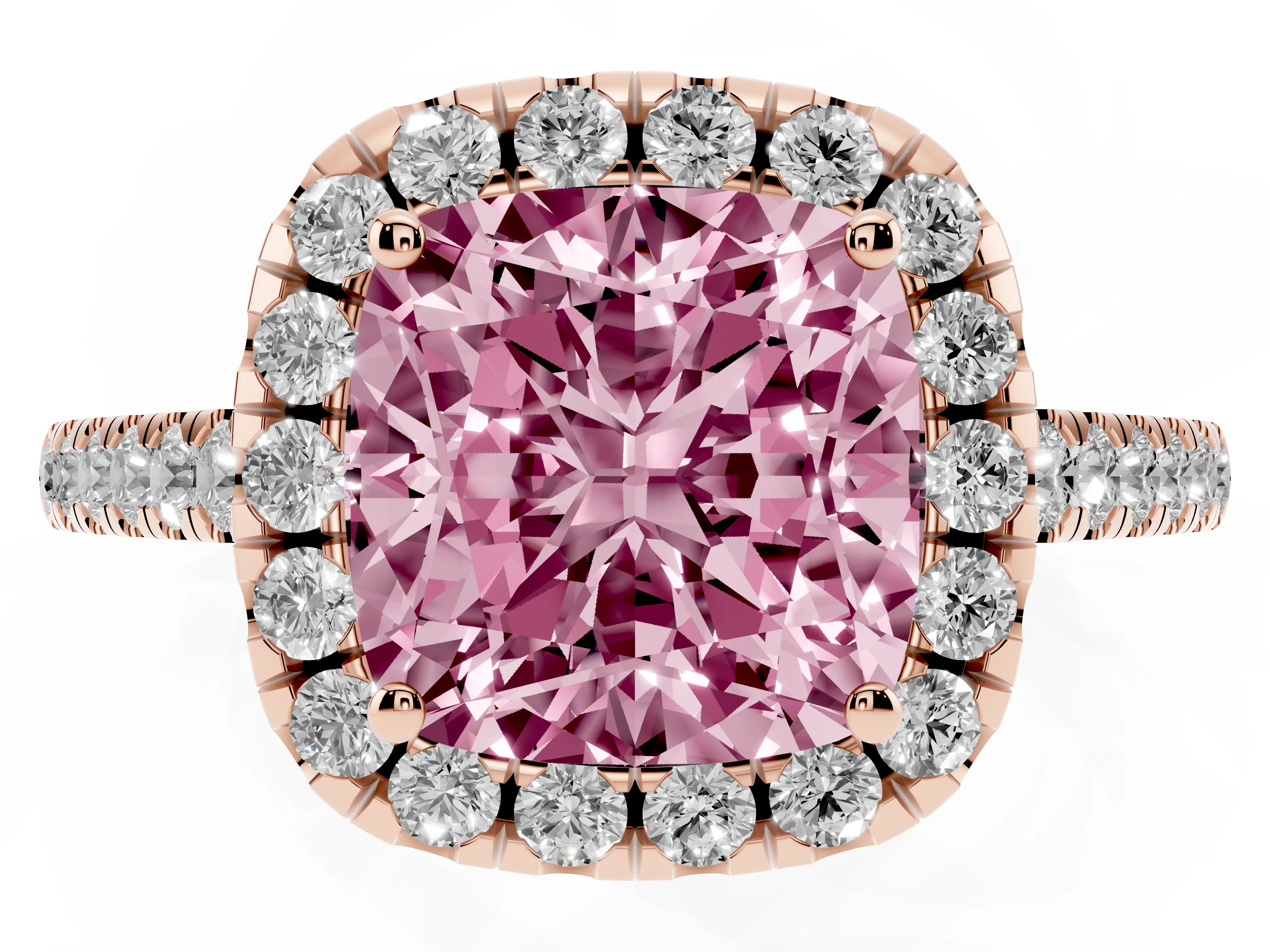 Fancy Pink Cushion Cut Diamond Pavé Halo Engagement Ring Set in Rose gold with Pavé Band and Prong Setting