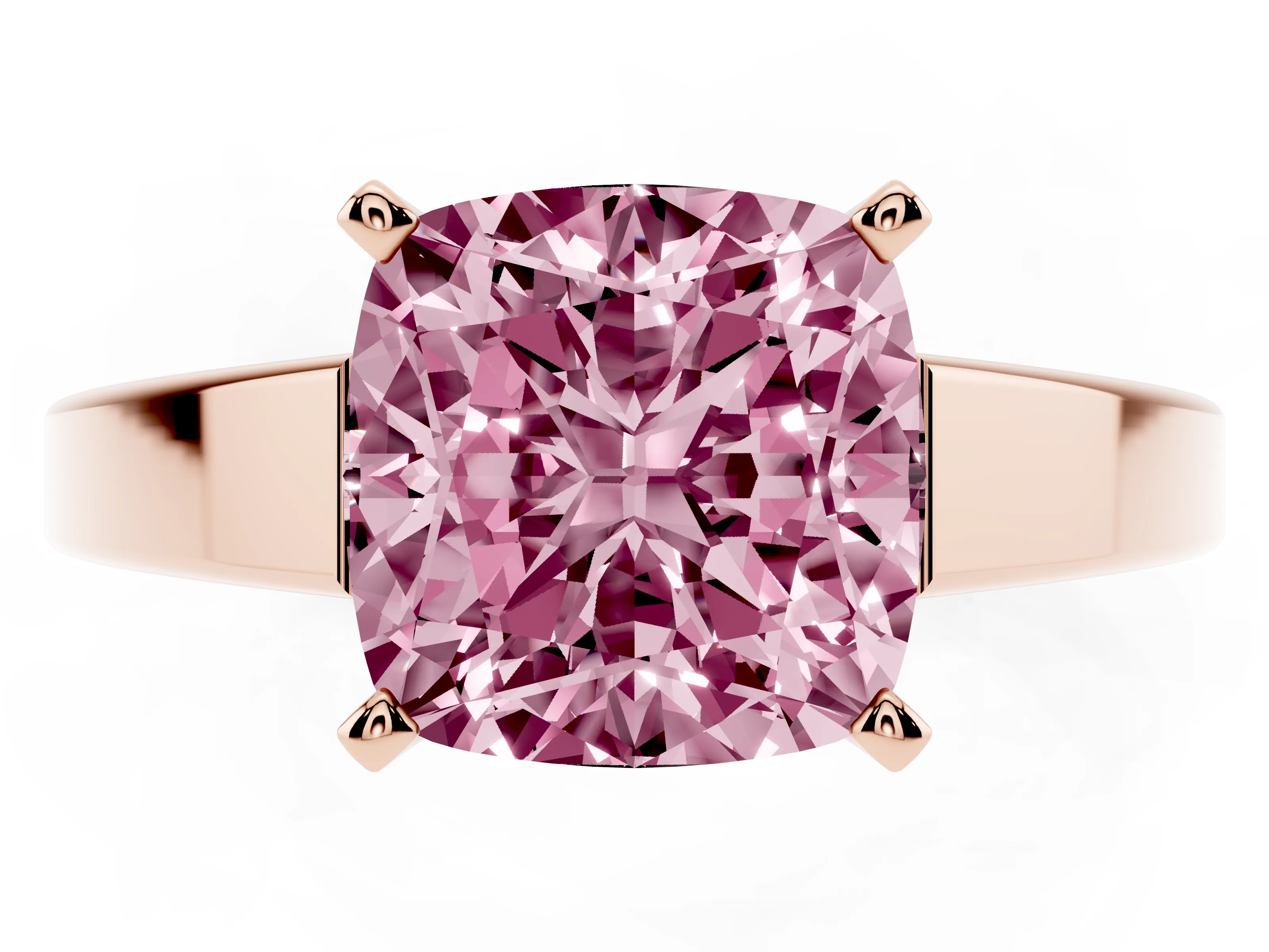 Fancy Pink Cushion Cut Diamond Solitaire Engagement Ring Set in Rose gold with Prong Setting and Tapered Band