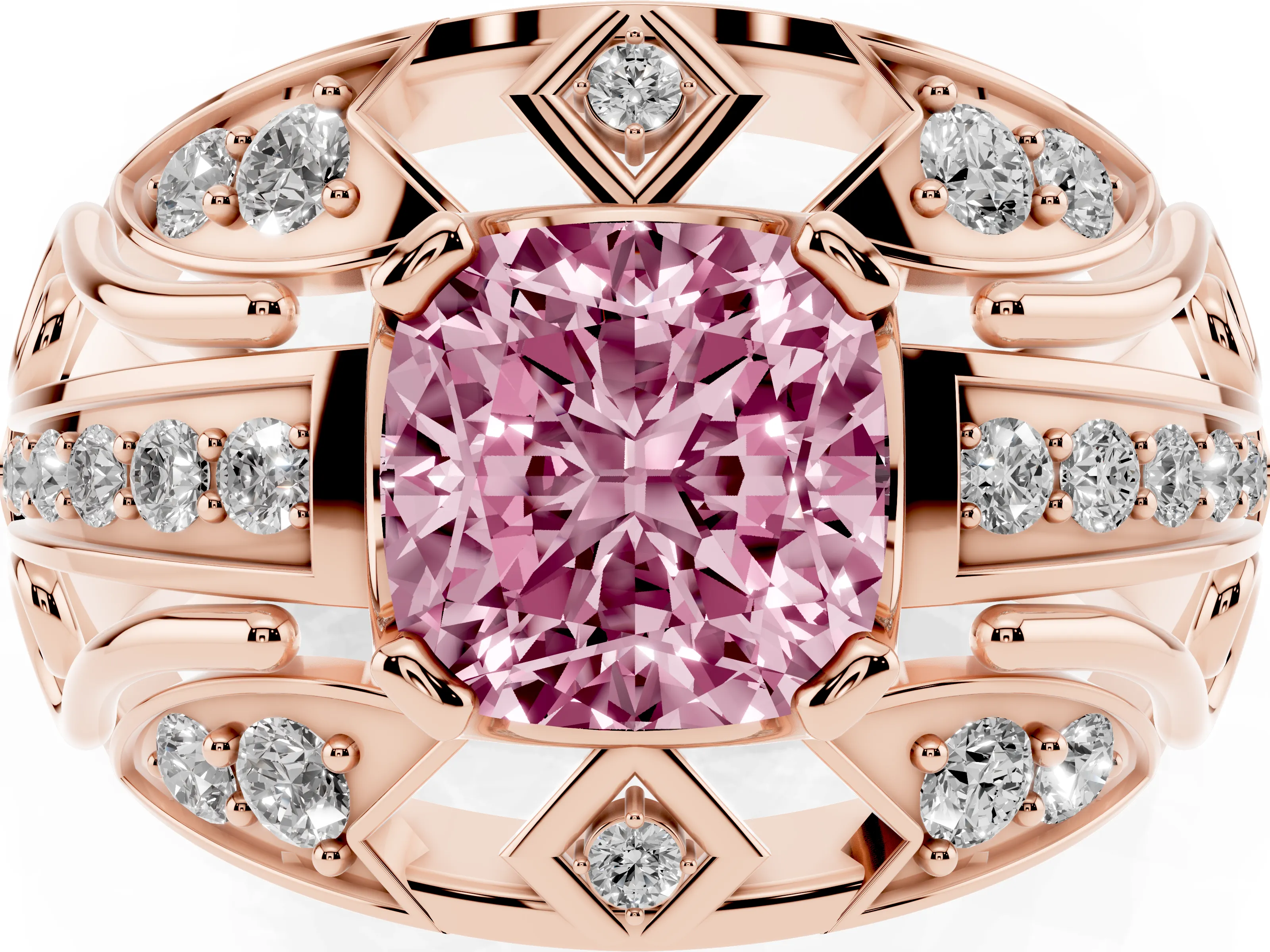 Fancy Pink Cushion Cut Diamond Art Deco Ring Set in Rose gold with Pavé Split Shank