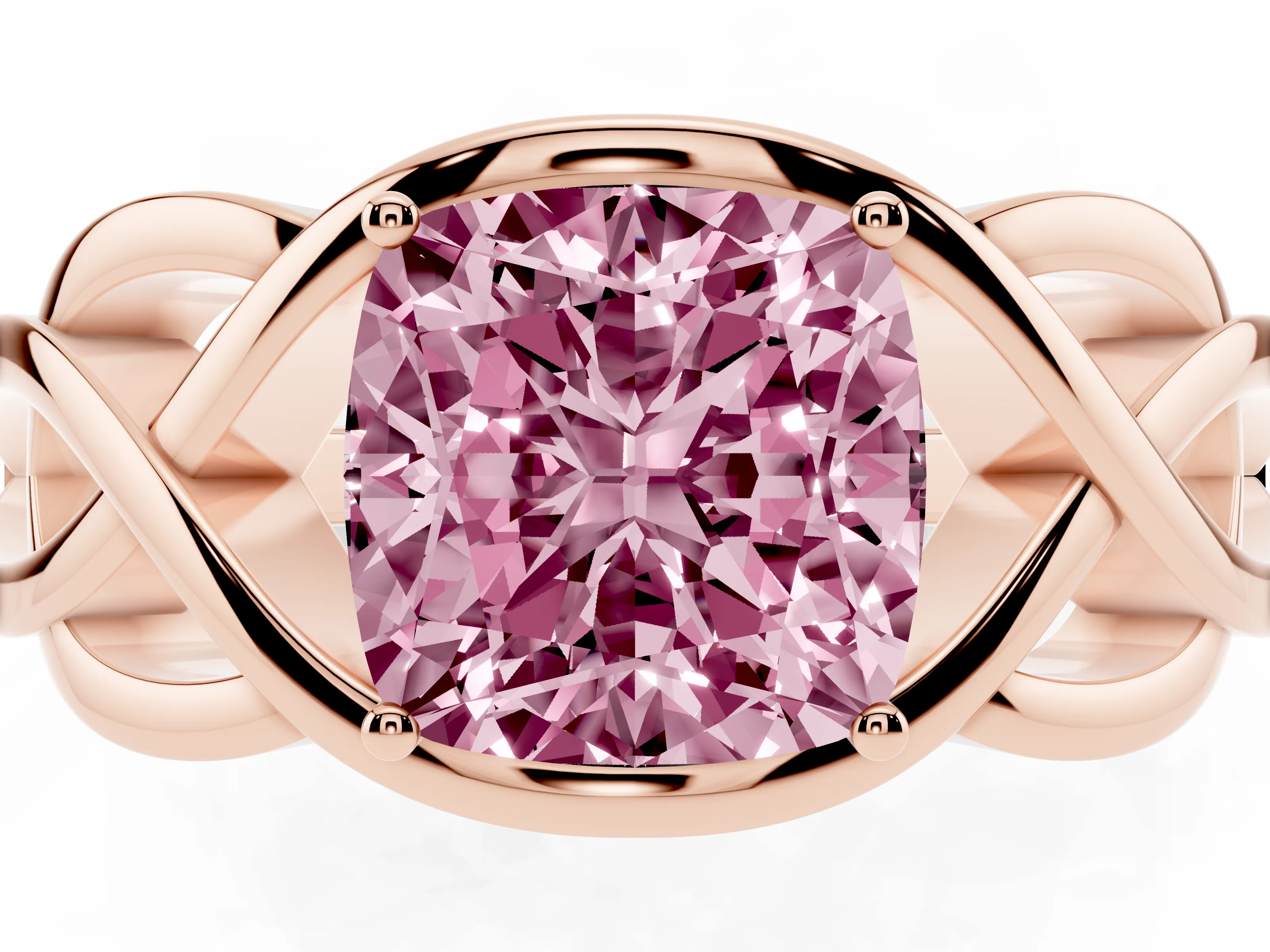 Fancy Pink Cushion Cut Diamond Solitaire Ring Set in Rose gold with Intertwined Band