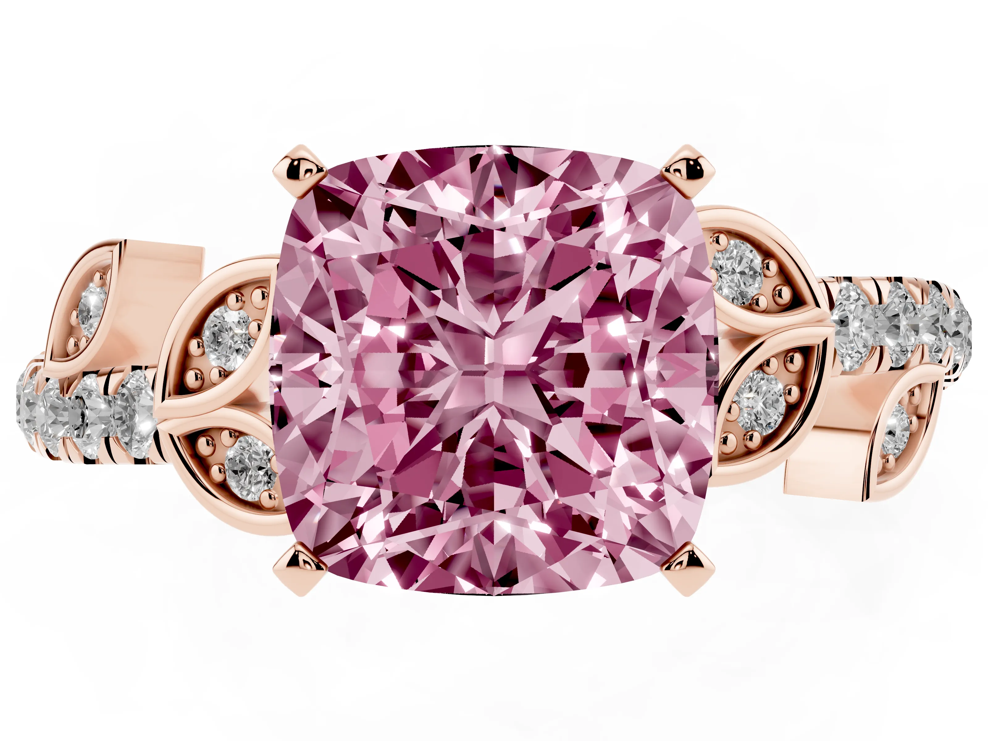 Fancy Pink Cushion Cut Diamond Solitaire Leaf-Inspired Ring Set in Rose gold with Pavé Band and Prong Setting