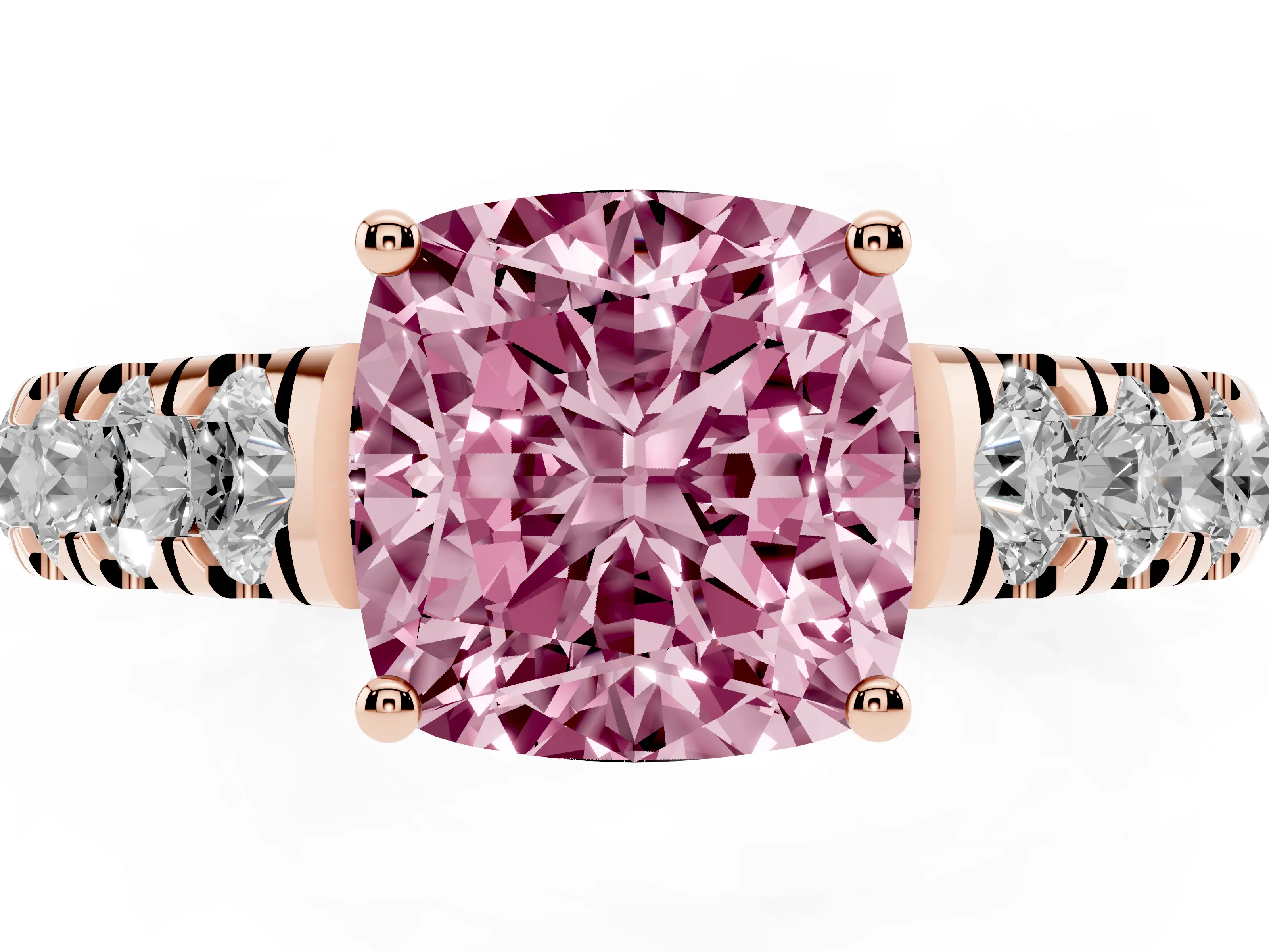 Fancy Pink Cushion Cut Diamond Solitaire Ring Set in Rose gold with Cut-Down Micro Pavé Band and Prong Setting