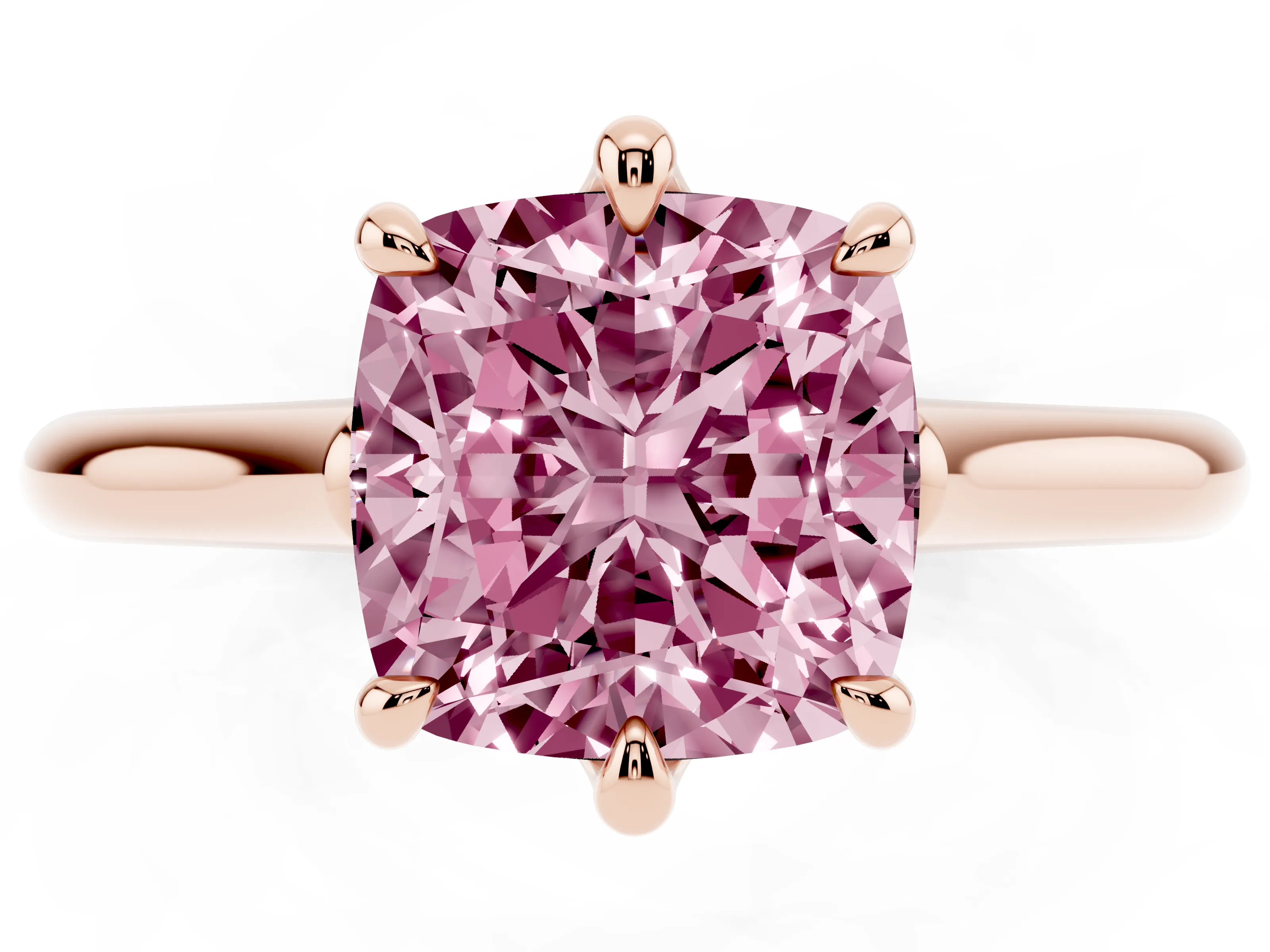 Fancy Pink Cushion Cut Diamond Solitaire Engagement Ring Set in Rose gold with Prong Setting and Plain Classic Band