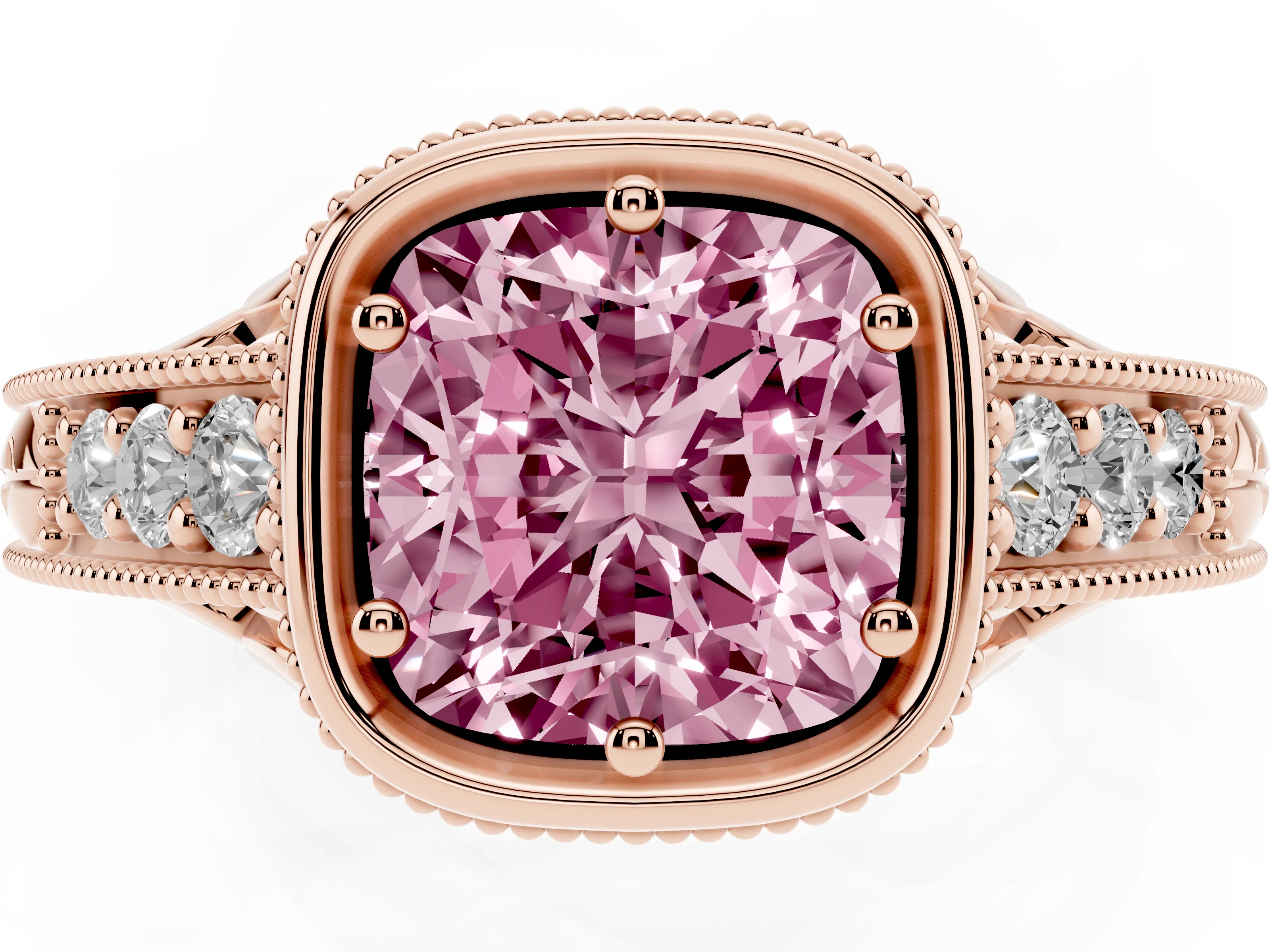 Fancy Pink Bezel Set Cushion Cut Diamond Milgrain Pavé Engagement Ring Set in Rose gold