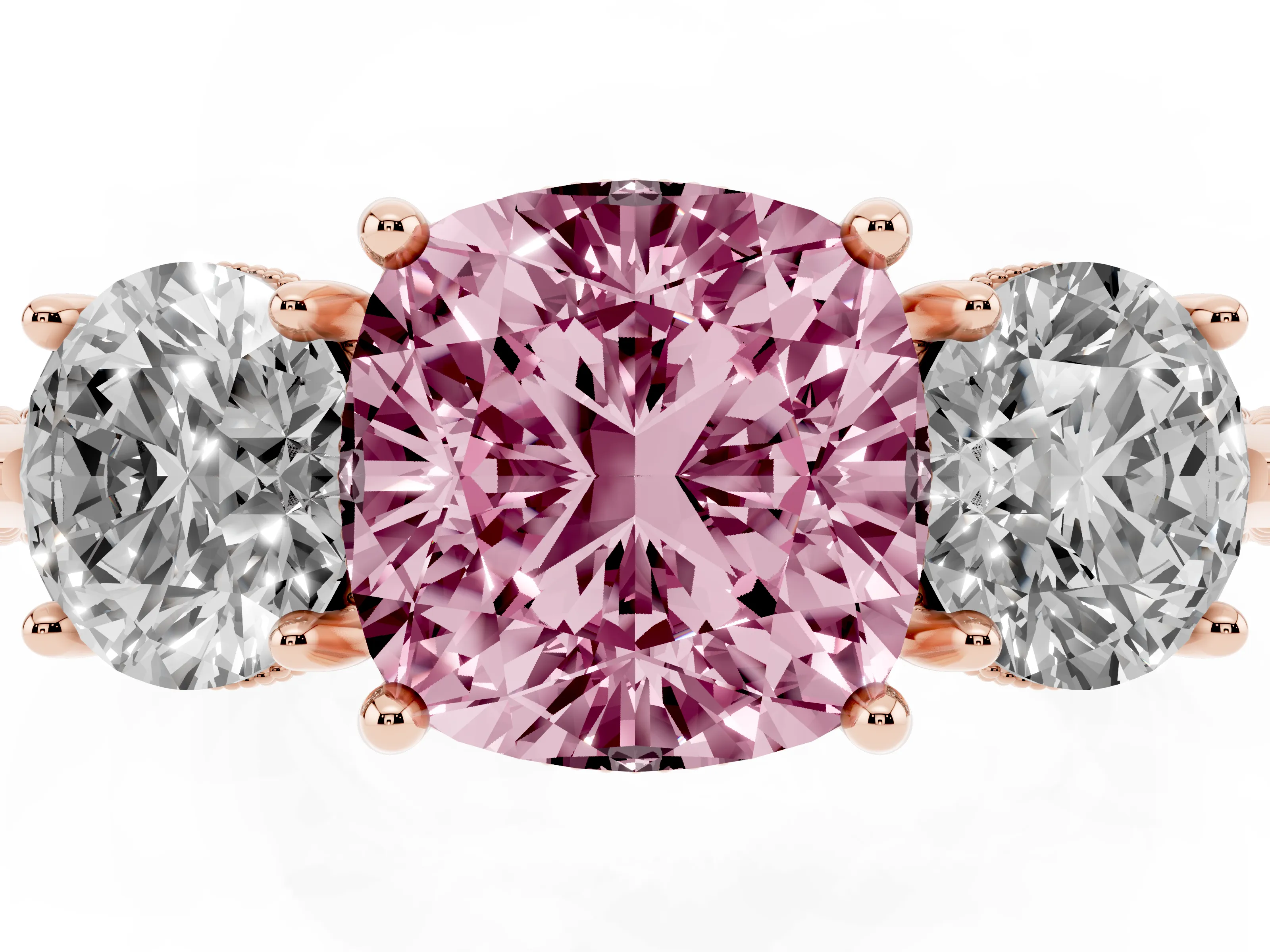 Fancy Pink Cushion Cut Diamond Three-Stone Ring Set in Rose gold with Milgrain Band