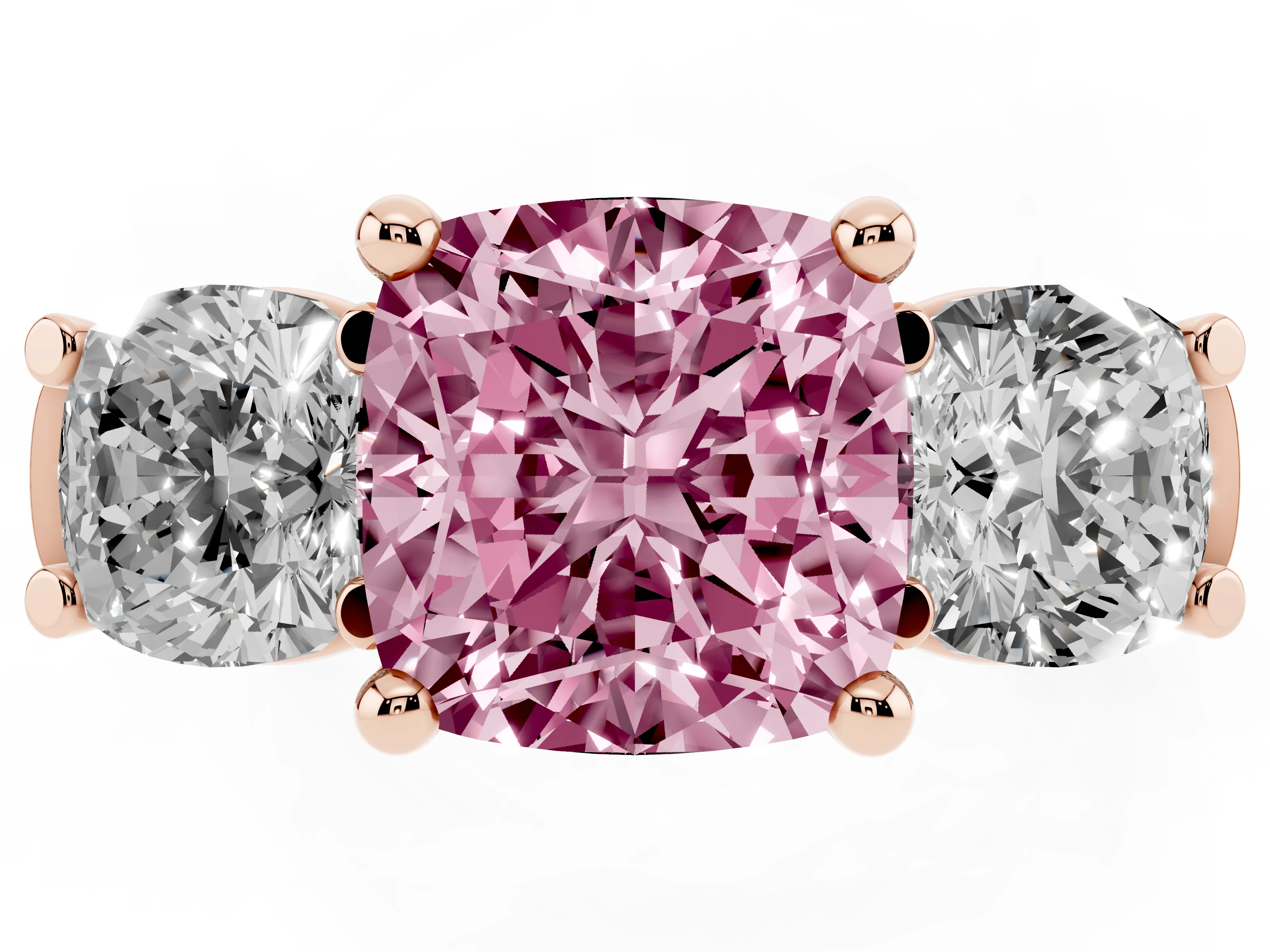 Fancy Pink Cushion Cut Diamond Three-Stone Trellis Ring Set in Rose gold with Comfort Fit Band