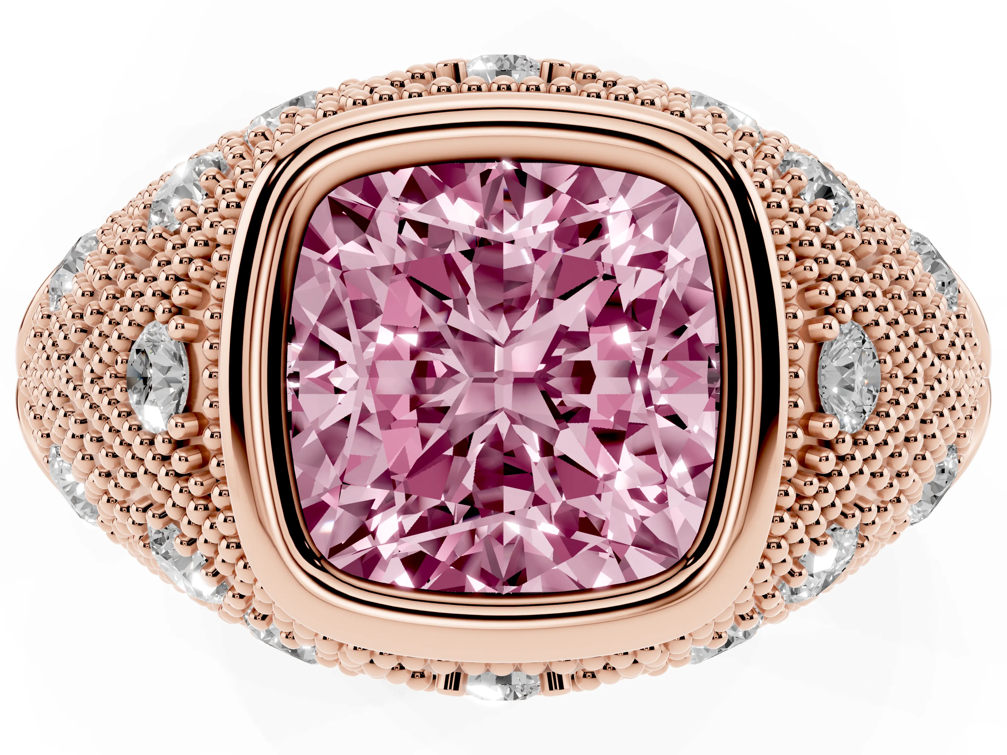 Fancy Pink Cushion Cut Diamond Bezel Ring Set in Rose gold with Milgrain Accent Band