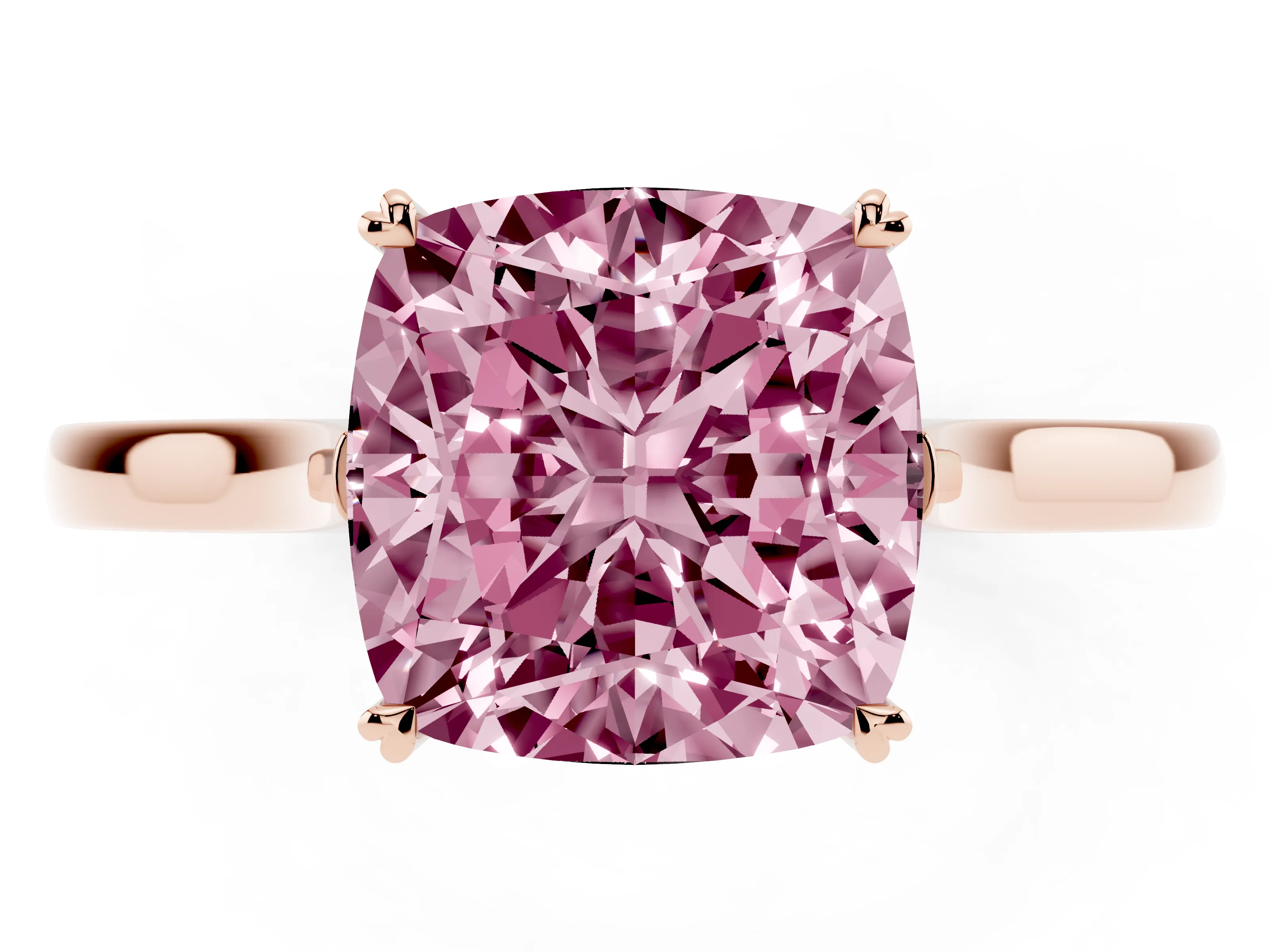 Fancy Pink Cushion Cut Diamond Solitaire Heart Prong Engagement Ring Set in Rose gold with Tapered Band