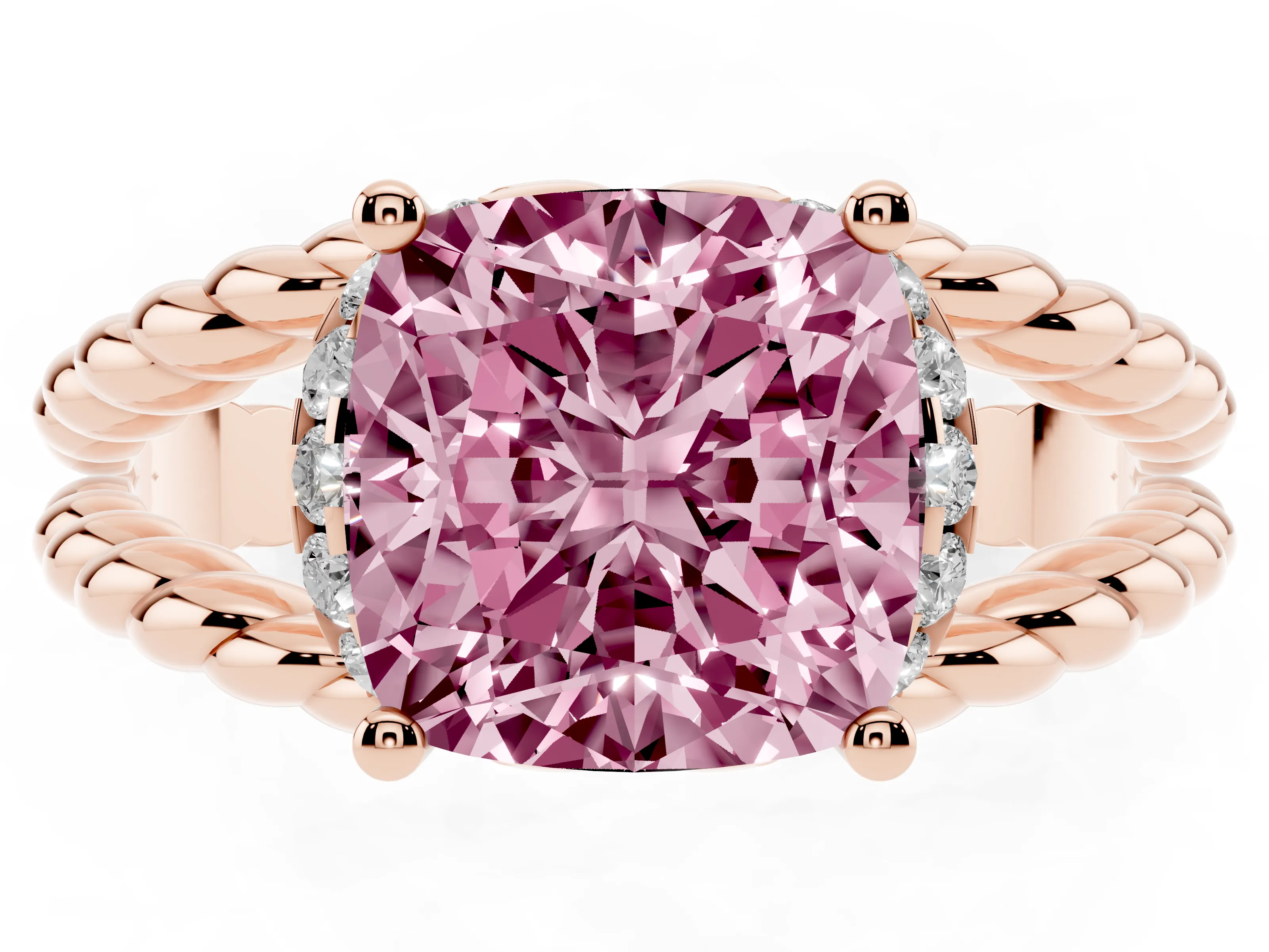 Fancy Pink Cushion Cut Diamond Halo Ring Set in Rose gold with Twisted Band and Prong Setting