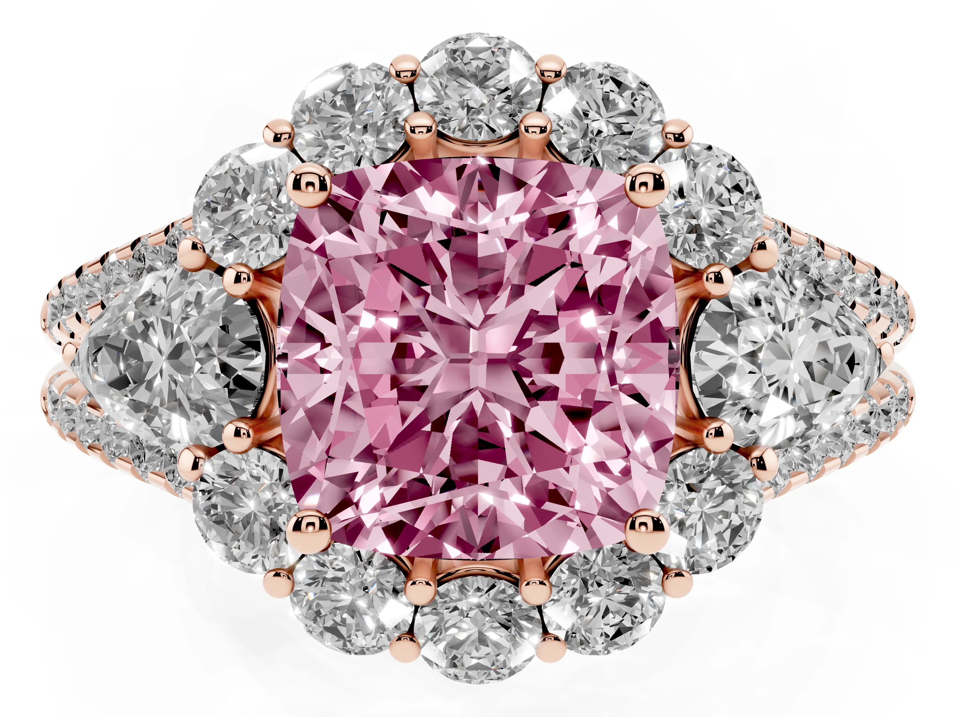 Fancy Pink Cushion Cut Diamond Halo Split Shank Engagement Ring Set in Rose gold with Prong-Held Center Stone