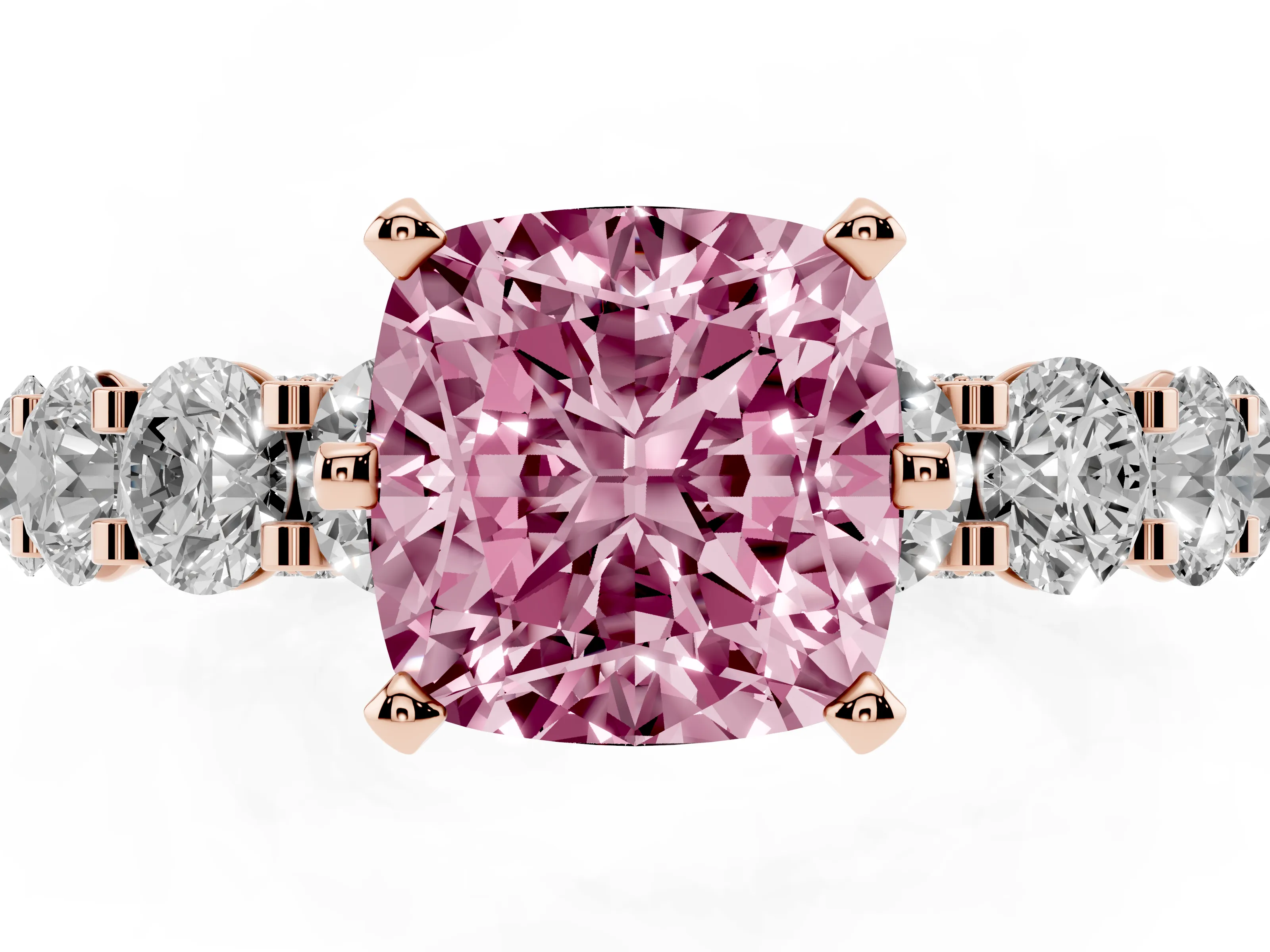 Fancy Pink Cushion Cut Diamond Side Stone Ring Set in Rose gold with Alternating Round and Oval Side Stones